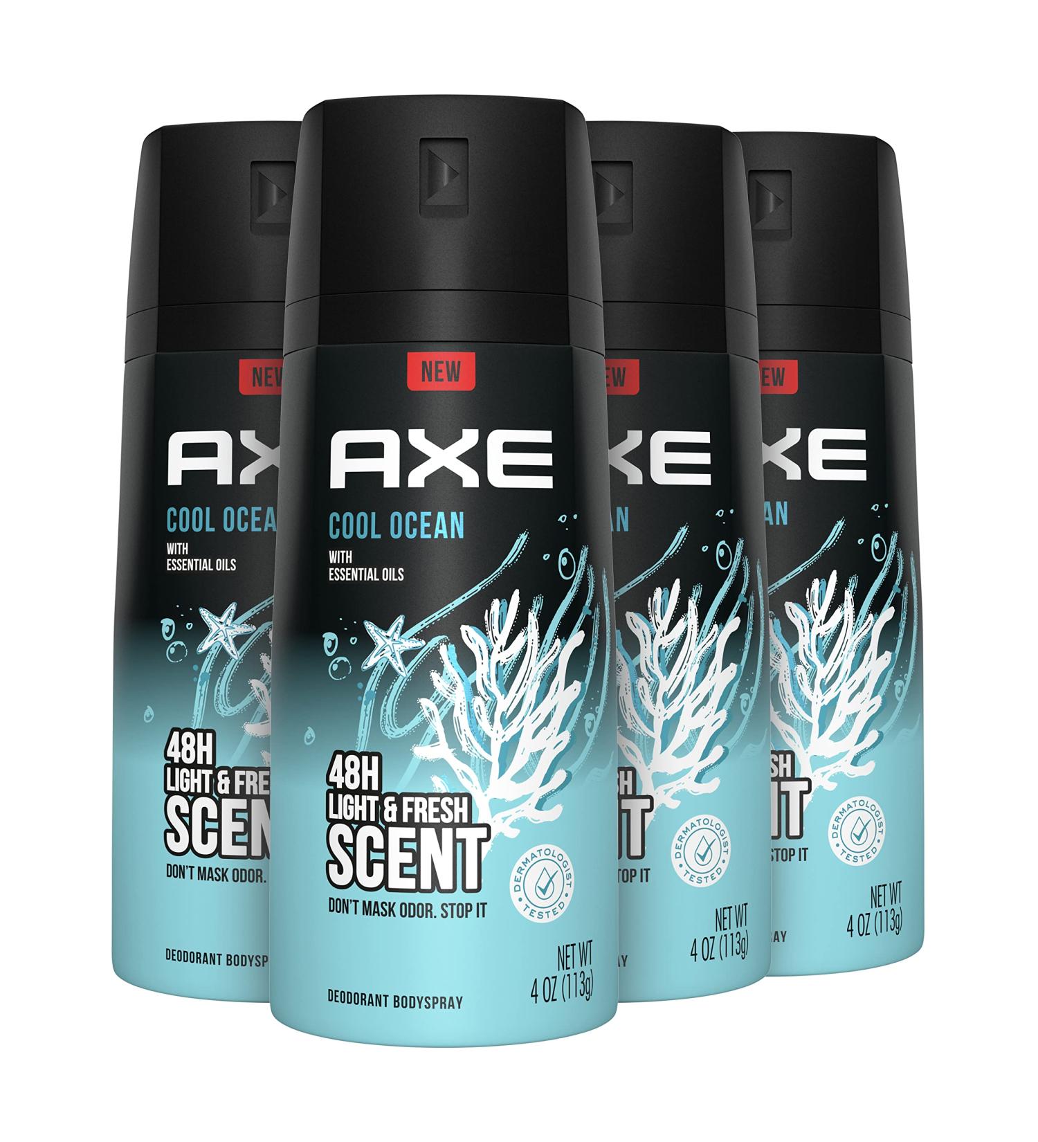 AXE Dual Action Body Spray Deodorant for Men - Cool Ocean Scent, Long Lasting Odor Protection, Aluminum-Free - 4 oz, Pack of 4 - Buy Online on GoSupps.com