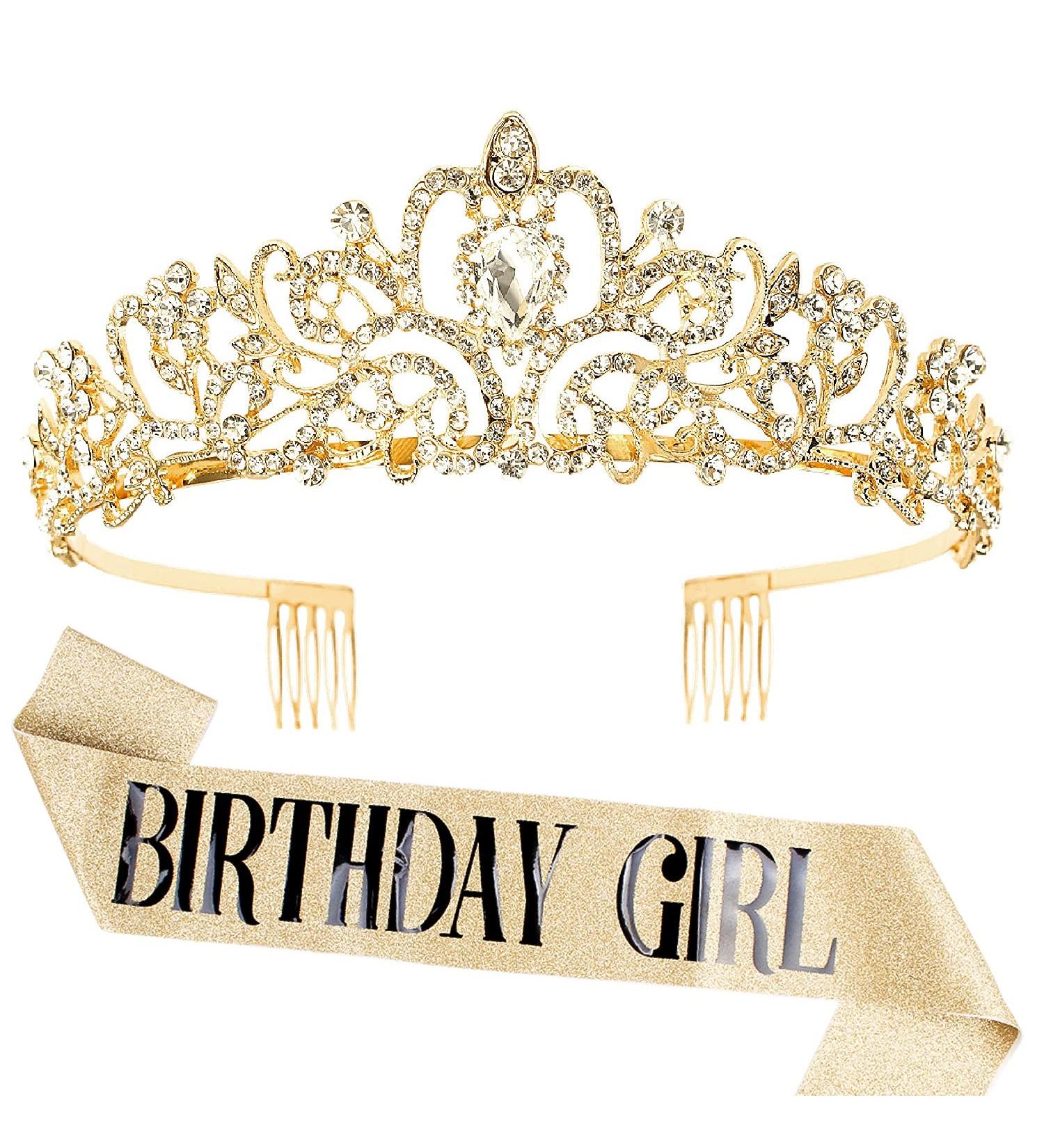 Aprince Birthday Crown & Sash Set | Rhinestone Tiara for Women & Girls | Gold Princess Queen Crown for Birthday & Prom - Buy Online on GoSupps.com