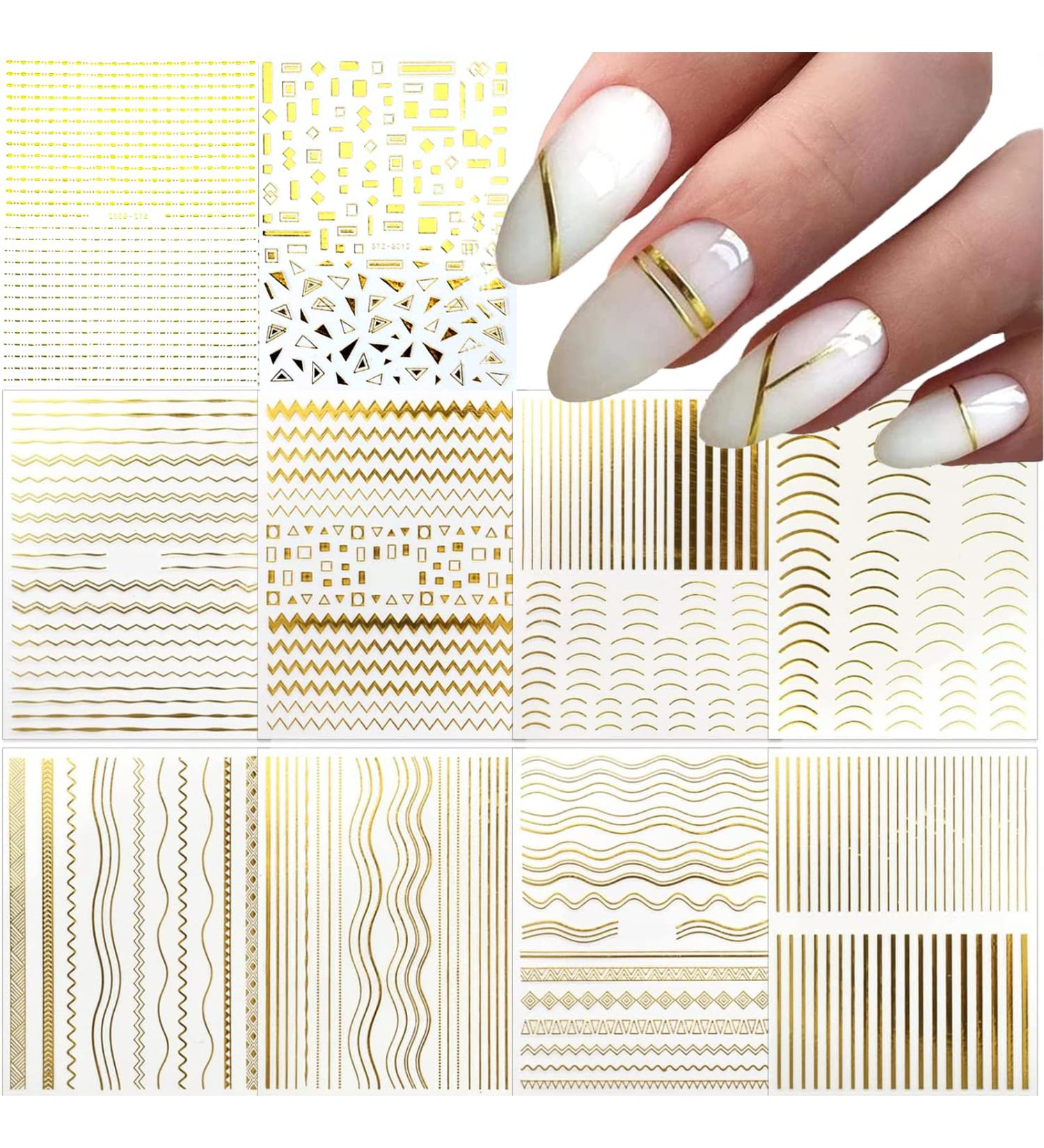 Gold Lines Nail Art Stickers - Self Adhesive Metal Curve Stripe Decals for French Manicure - 10 Sheets - Buy Online on GoSupps.com