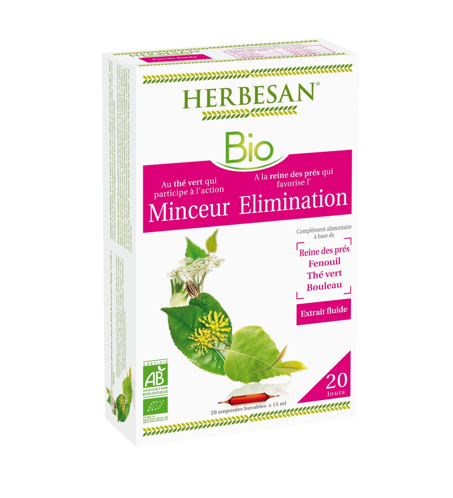 HERBESAN - THE GREEN QUEEN DES PRES SLIMMING ELIMINATION BIO-Meadowsweet Fennel Green tea Birch - 20 ampoules of 15 ml