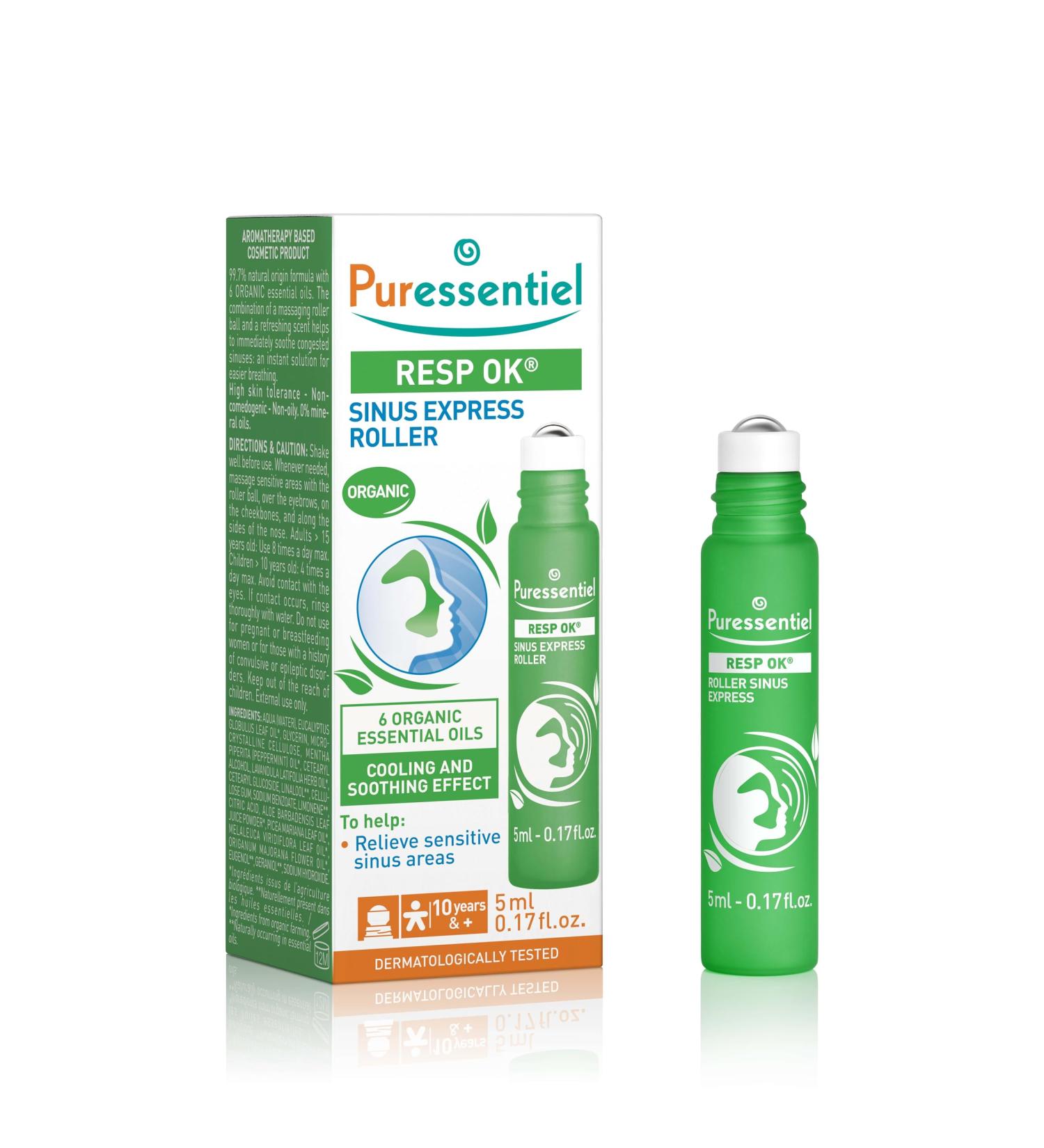 Puressentiel Respiratory Roll-on Sinus Express - 100% Plant-Based Formula with Organic Aloe Vera & Essential Oils - Immediate Sinus Relief - Pocket Size - Buy Online on GoSupps.com