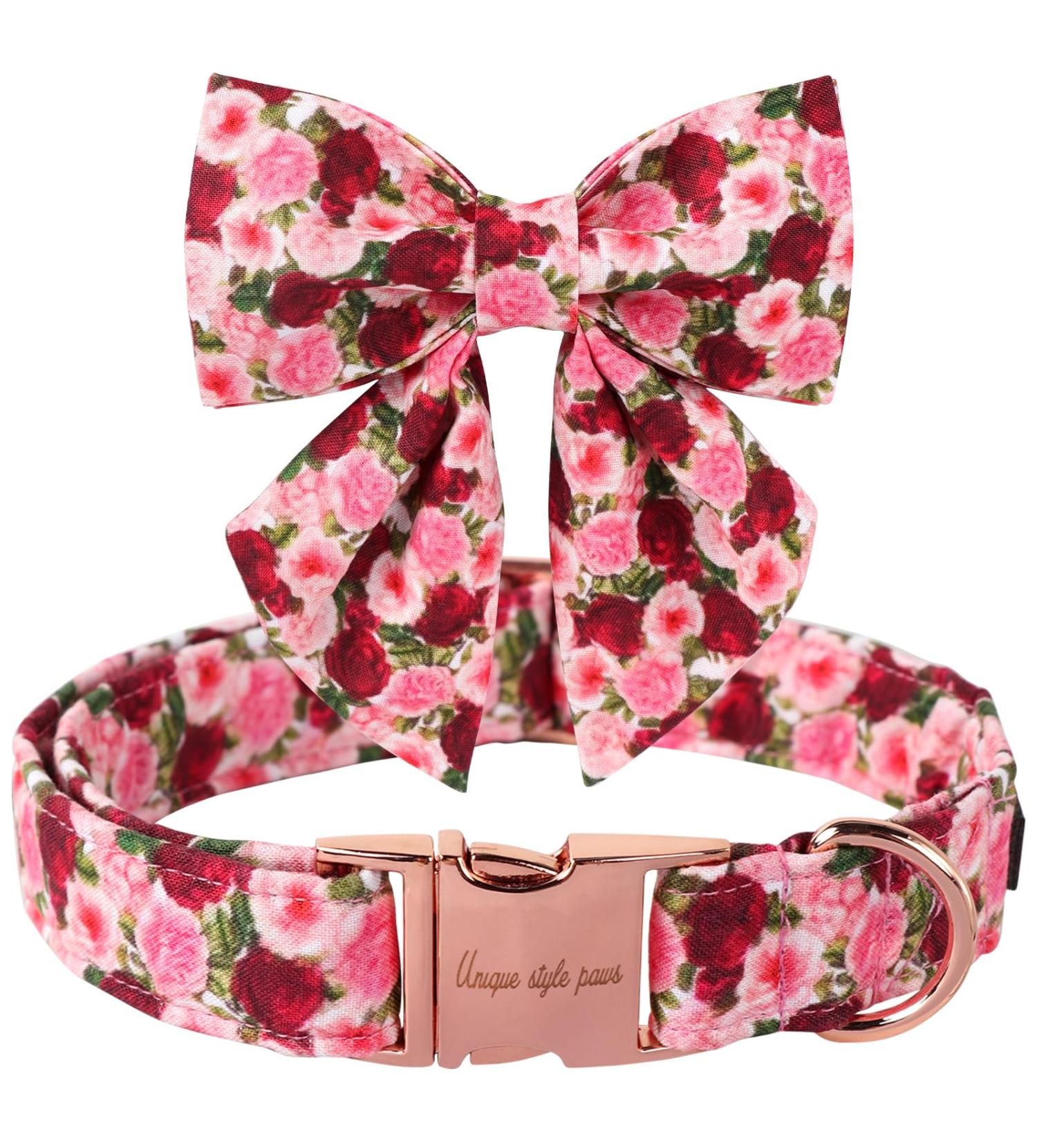 Unique Style Paws Adjustable Bowtie Dog Collar - Red Pink Peony Comfortable Cotton for Small Dogs XS 8-12in - Buy Online on GoSupps.com
