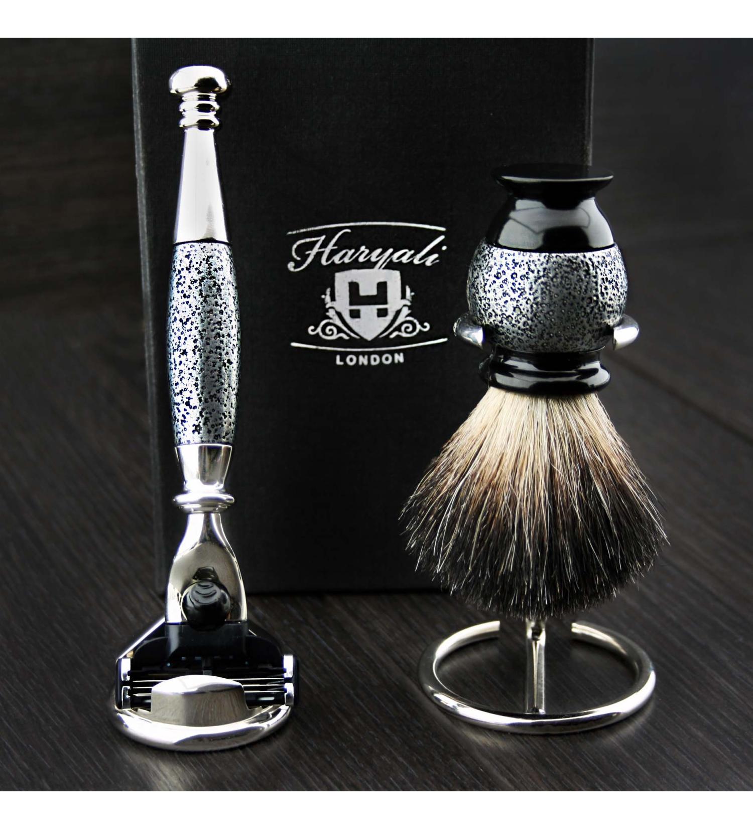 4Pc Men's Shaving Kit - 3 Edge Razor Black Badger Hair Brush Cone Stand - Perfect Gift for Men - Buy Online on GoSupps.com