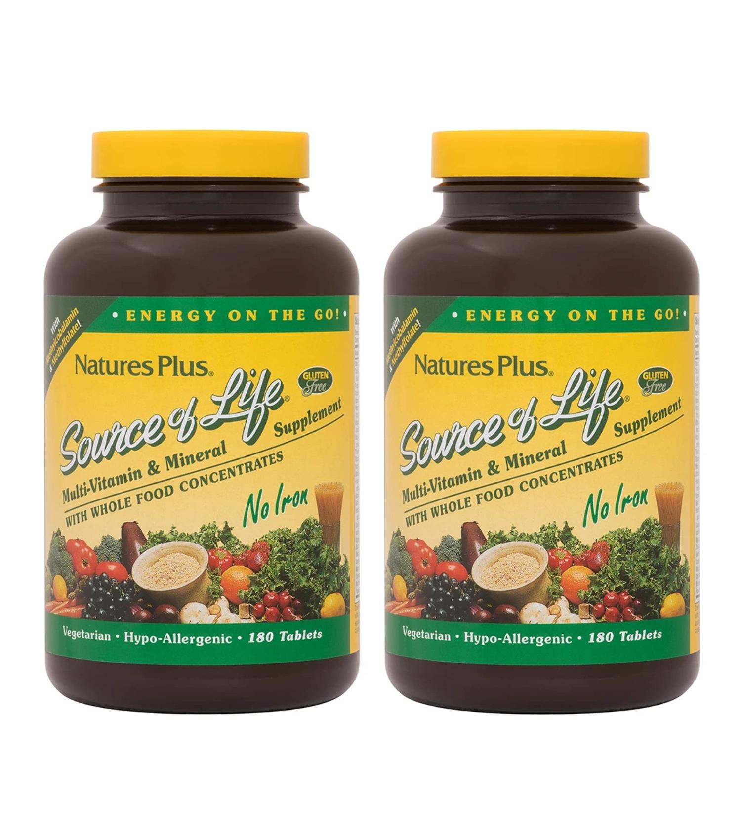 NaturesPlus Source of Life No Iron - 180 Tablets x 2 - Multi-Vitamin & Mineral Supplement for Natural Energy - Gluten Free Vegetarian - 120 Servings - Buy Online on GoSupps.com