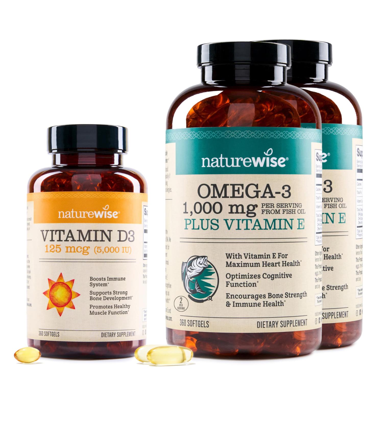 NatureWise 1 Vitamin D3 5000iu + Organic Olive Oil - 360 Mini Softgels 360-Day Supply + (Pack of 2) Omega3 Fish Oil 1000mg + Vitamin E - Wild-Caught - 360 Softgels 180-Day Supply  - Buy Online on GoSupps.com