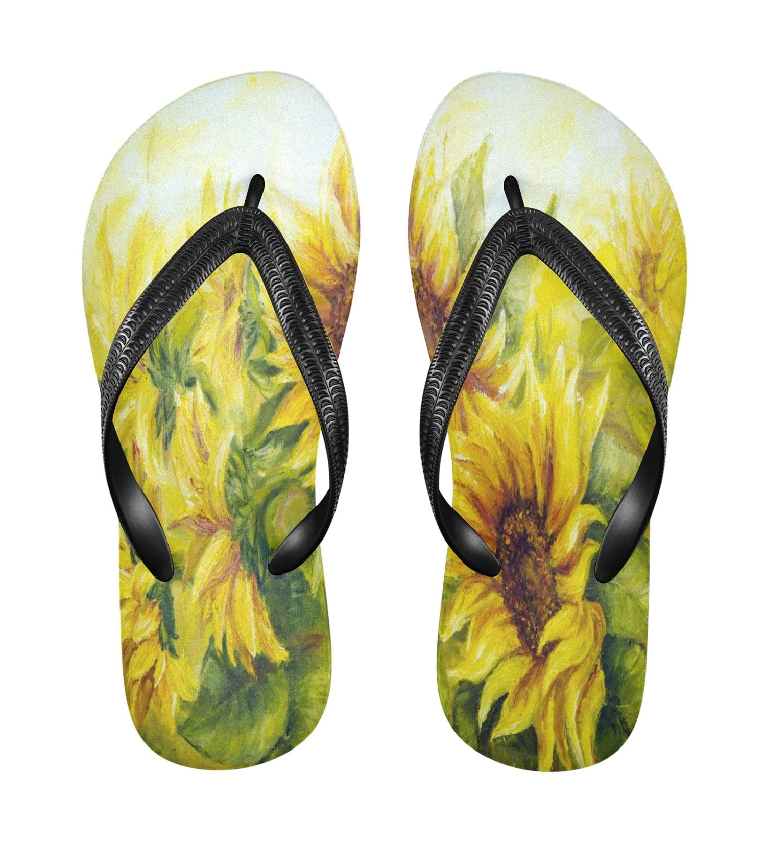 Mnsruu Sunny Sunflower Blossom Oil Painting Flip Flops - Stylish Sandals & Home Slippers for Men & Women | Perfect for Travel Spa & Bedroom - Buy Online on GoSupps.com