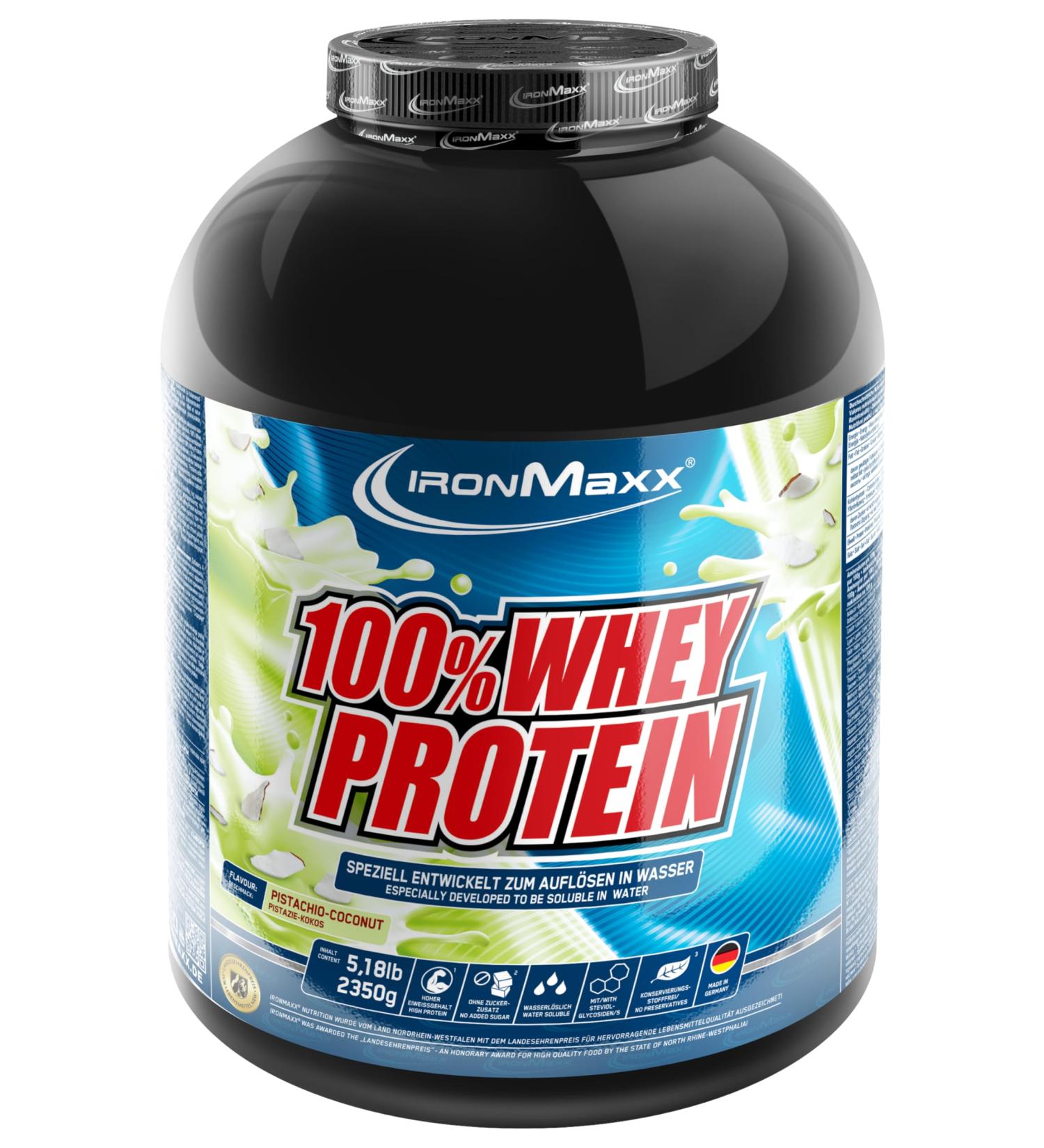 Buy Ironmaxx 100% Whey Protein Powder - Pistachio Coconut 2.35kg | Water-Soluble & Low Sugar | Variety of Flavors | International Shipping Available - Buy Online on GoSupps.com