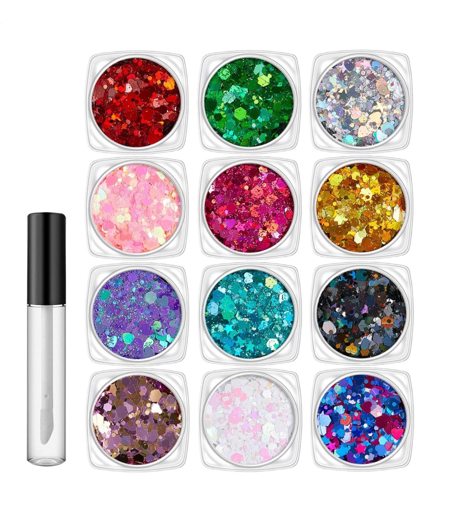  laxreheye Face & Body Glitter Face Makeup Glitter 12 Bright Colors Carnival Supplies Festive Makeup with Quick Dry Glue for Box - Buy Online on GoSupps.com