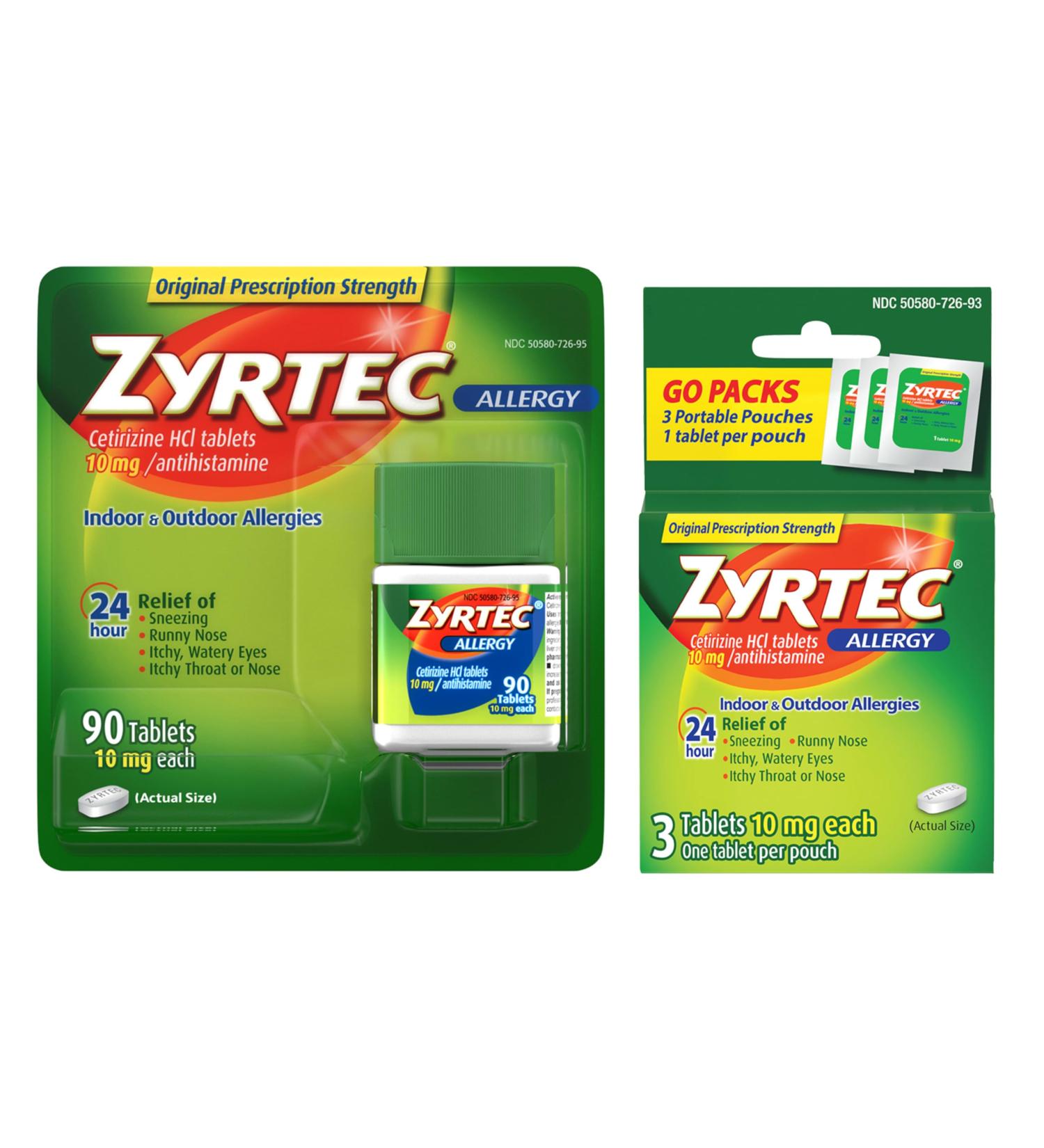 Zyrtec 24 Hour Allergy Relief Tablets - 10 mg Cetirizine HCl - Value Pack 90 ct + Travel Packs - Indoor & Outdoor Allergy Medicine - International Shipping Available - Buy Online on GoSupps.com