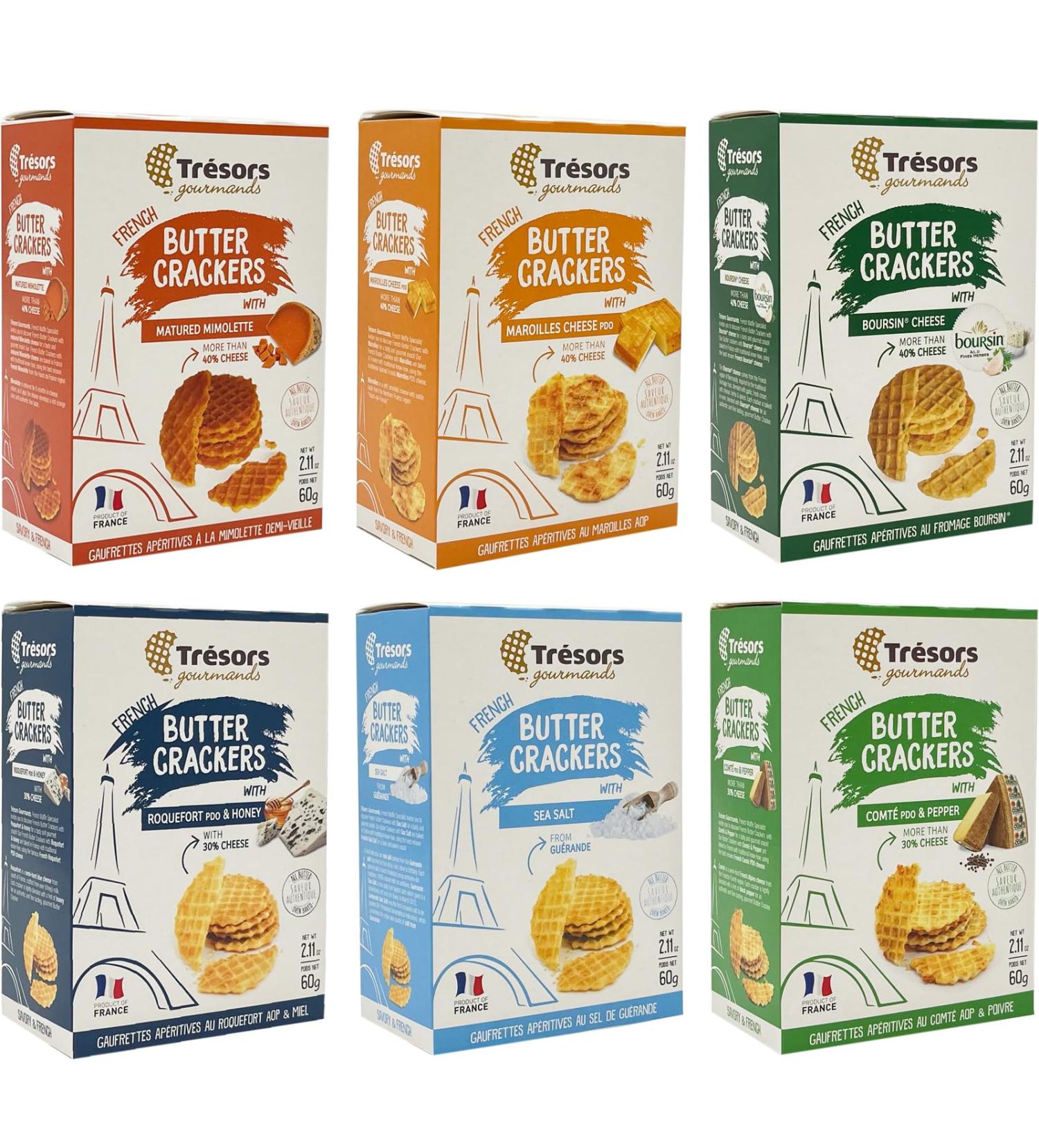 TRESORS GOURMANDS Authentic French Waffle Butter Crackers Snack Mimolette Cheese Roquefort Cheese & Honey Sea Salt Maroilles Cheese Boursin Cheese Comte & Pepper Flavor Mix Flavors Mix 60.00 g (Pack of 6)