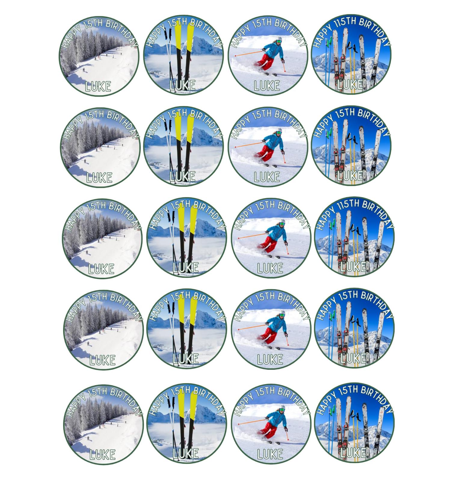 edible 20 x Skiing theme cupcake toppers UNCUT BIRTHDAY/ (icing paper)