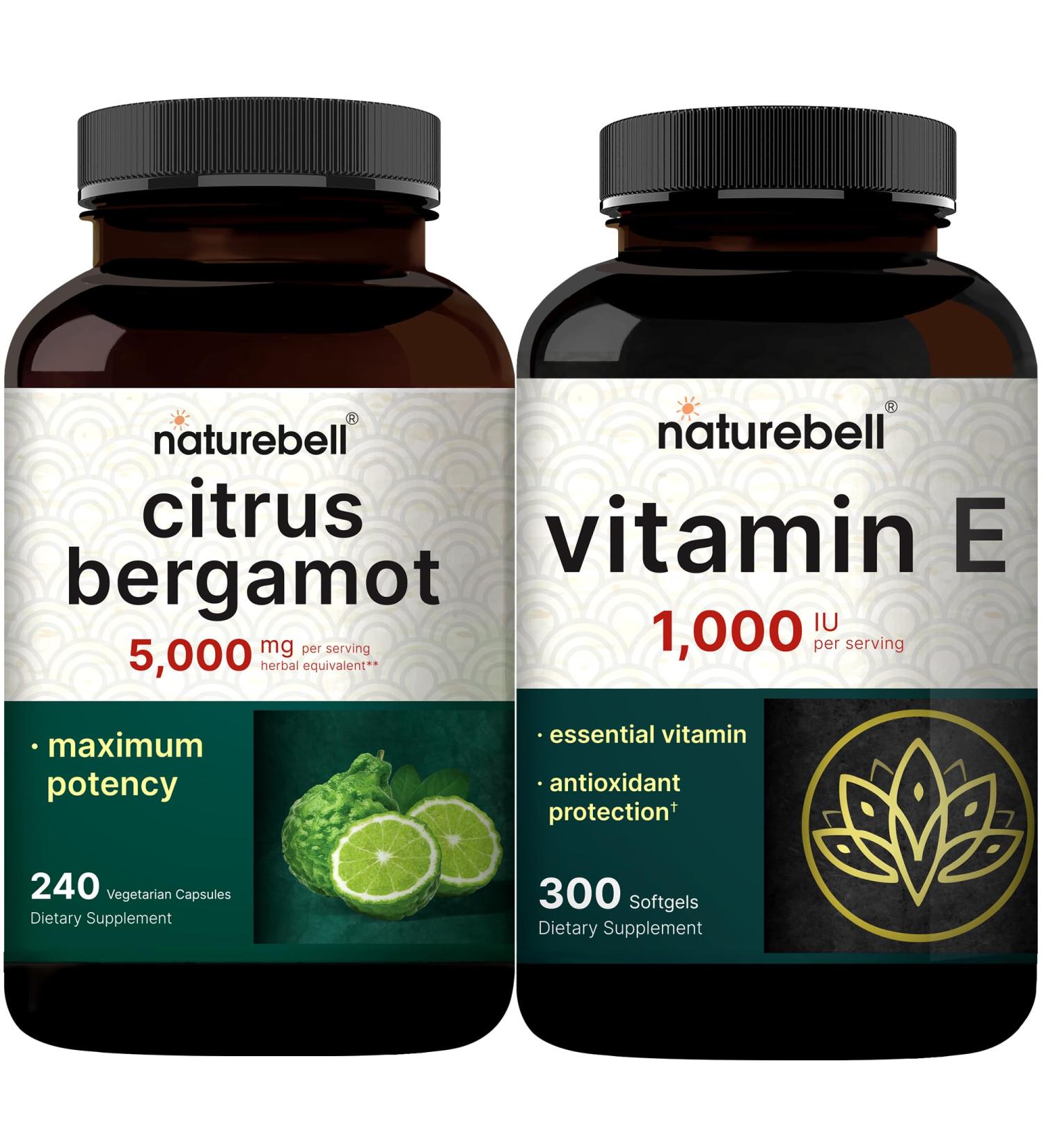 NatureBell Vitamin E Oil Softgels 1,000iu Per Serving & Citrus Bergamot Veggie Capsules 5,000 mg Equivalent Bundle Pack | Easily Absorbed Form | High Antioxidant Level - Buy Online on GoSupps.com