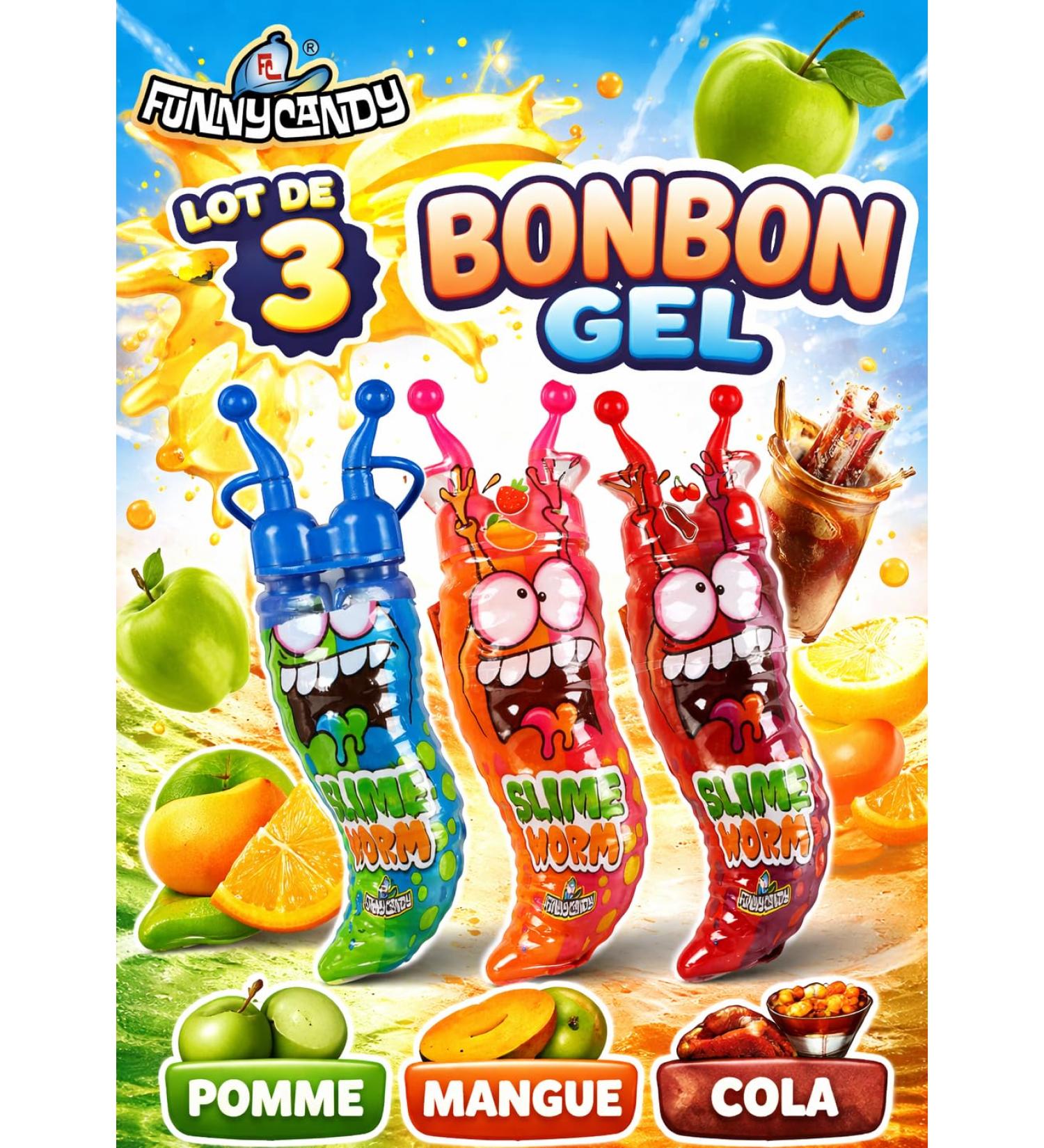 Lot de 3 Bonbon Gel Slim Worm Lot de 3 Parfums - Pomme -Mangue - Cola - 168gr. - 214