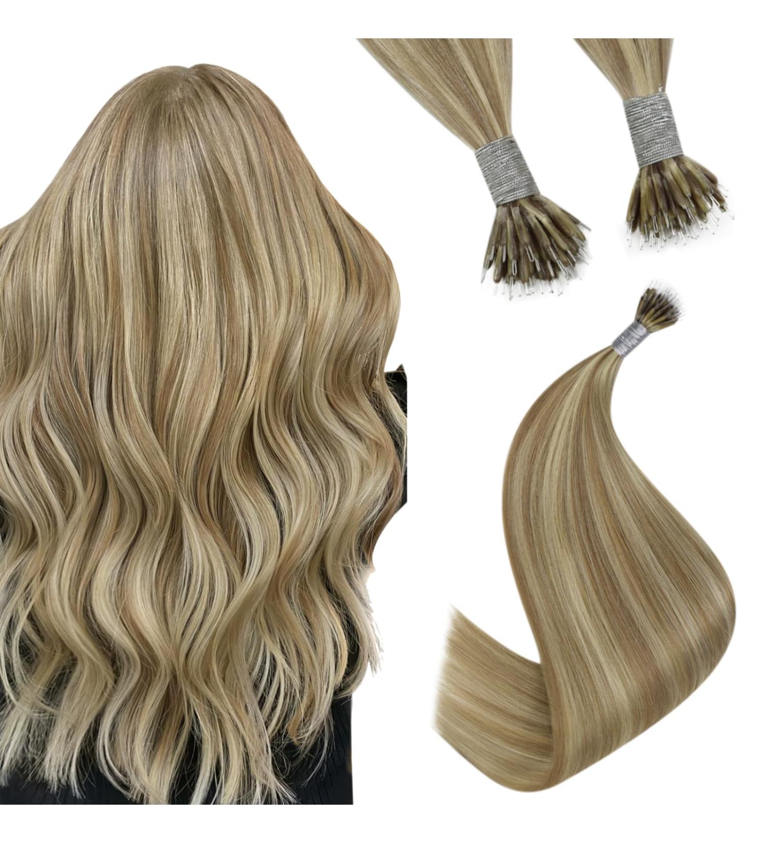 Youngsee 35cm Nanoring Hair Extensions - Real Light Brown & Platinum Blonde Highlights | 50g 1g/s Nano Ring Extensions - Buy Online on GoSupps.com
