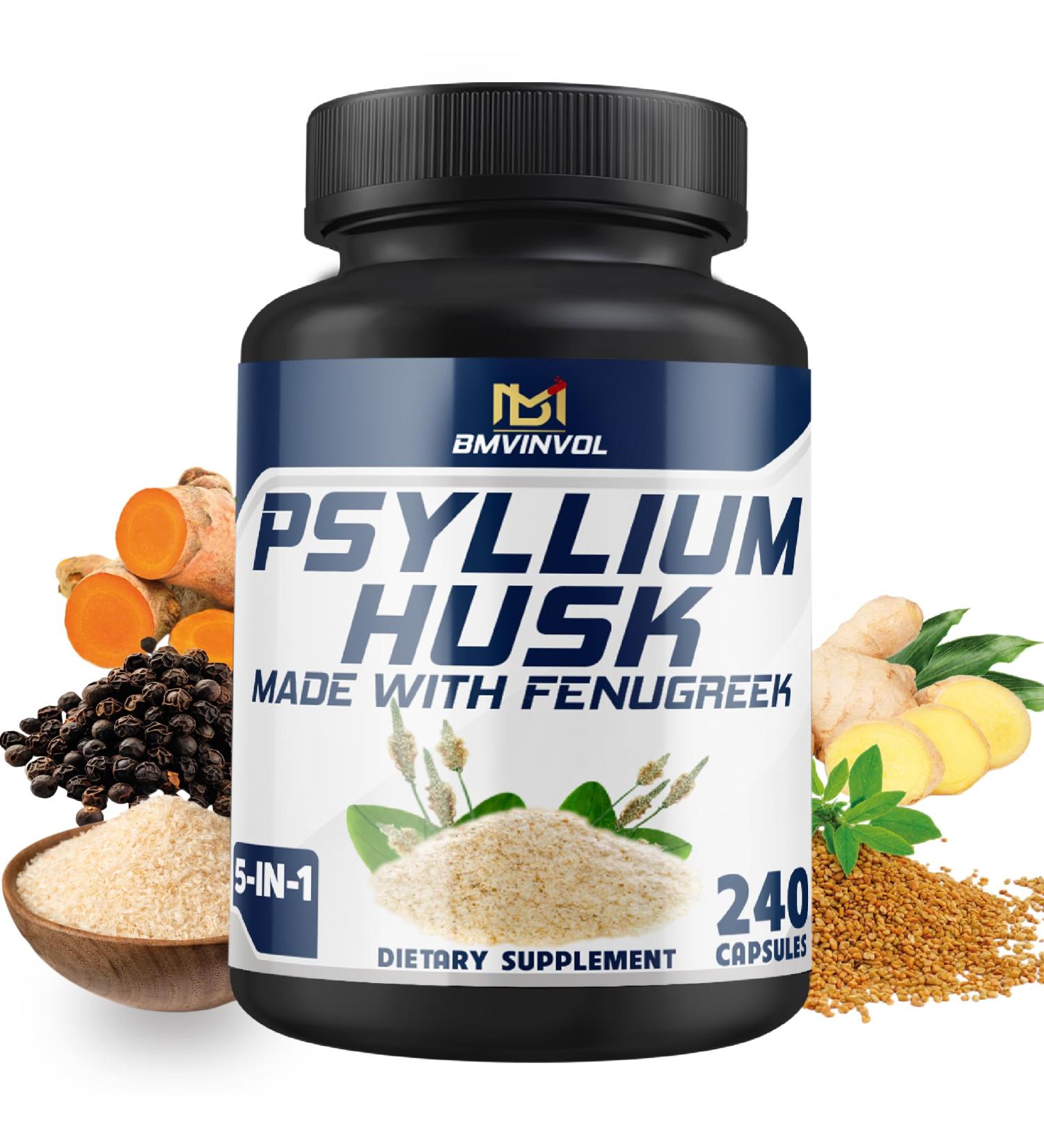 BMVINVOL Psyllium Husk Capsules Fiber Supplement with Fenugreek Turmeric Ginger Black Pepper - Support Digestive System Intestinal Health - 240 Count for 4 Month Supply - Buy Online on GoSupps.com