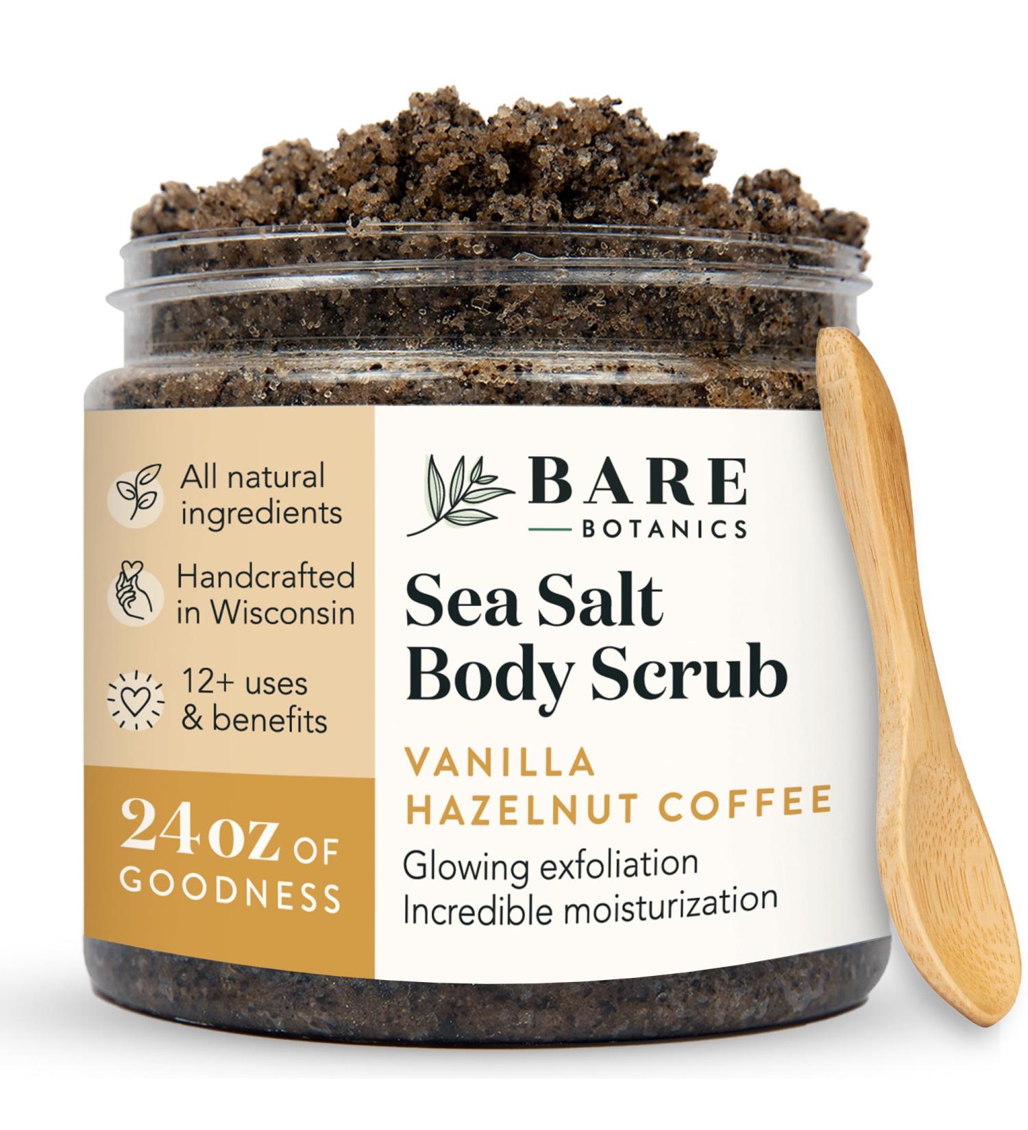 Bare Botanics Vanilla Hazelnut Coffee Body Scrub 24oz | All Natural Vegan Exfoliator | Cruelty-Free Skin Moisturizer with Wooden Spoon | Made in Madison WI - Buy Online on GoSupps.com