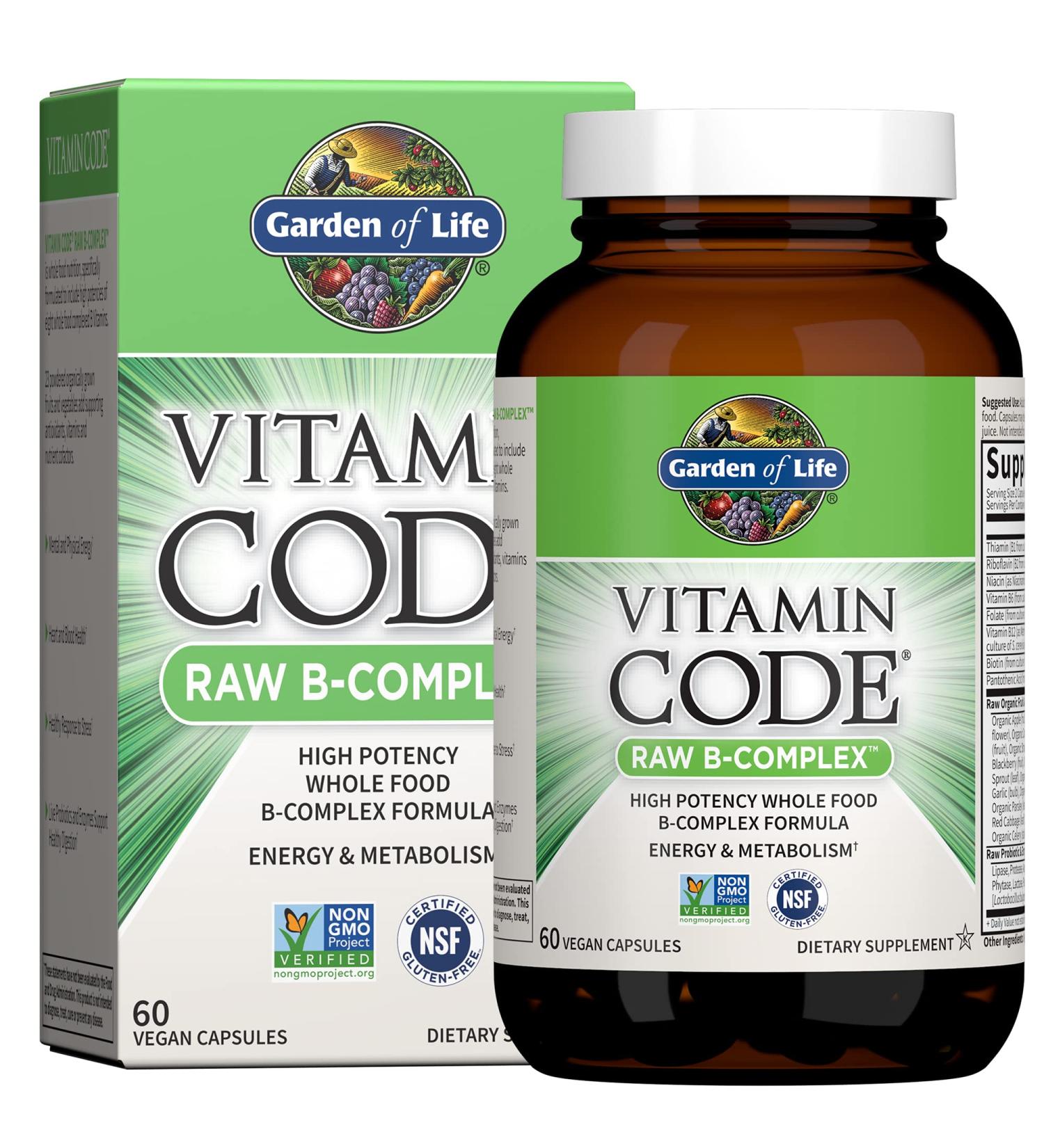 Garden of Life Vitamin Code Raw B Complex - 60 Vegan Capsules for Energy & Metabolism | High Potency B6, Folate & B12 with Probiotics - Buy Online on GoSupps.com