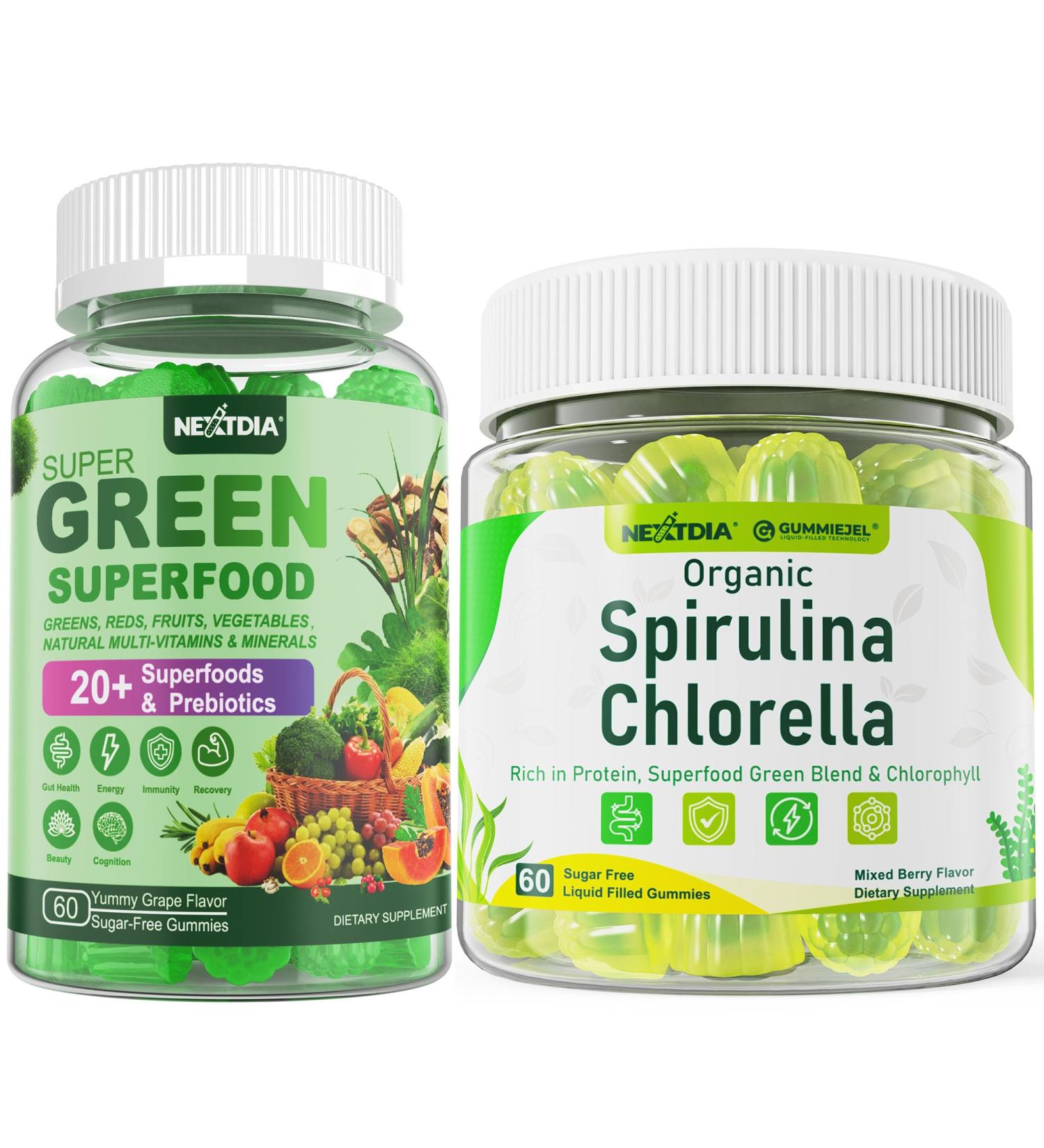Nextdia Organic Spirulina Chlorella Gummies 1 Pack + Super Greens Gummies 2 Pack - Buy Online on GoSupps.com