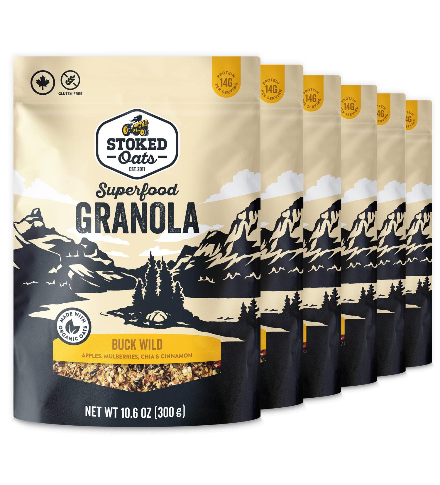 Stoked Oats Granola - Bucking-Eh (6 Pack) High Protein Less Sugar Superfood Breakfast - Gluten Free High Fibre Non GMO (300g per box) Bucking-Eh 300 g (Pack of 6) - Buy Online on GoSupps.com