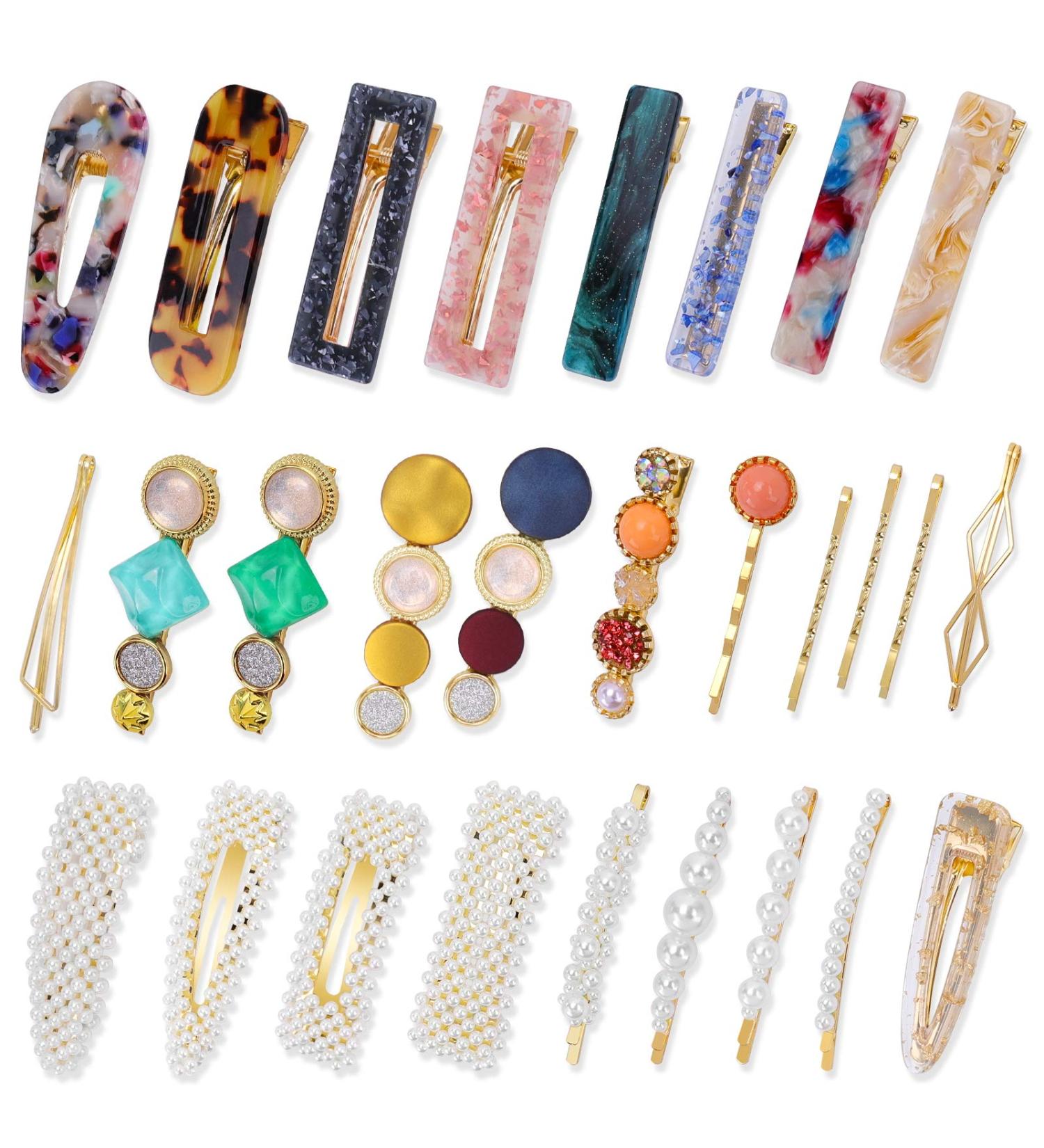 Rhinestone Pearl Hair Clips 28 Pack - Girls' Acrylic Resin Barrettes, Glitter Snap Hair Accessories - Buy Online on GoSupps.com
