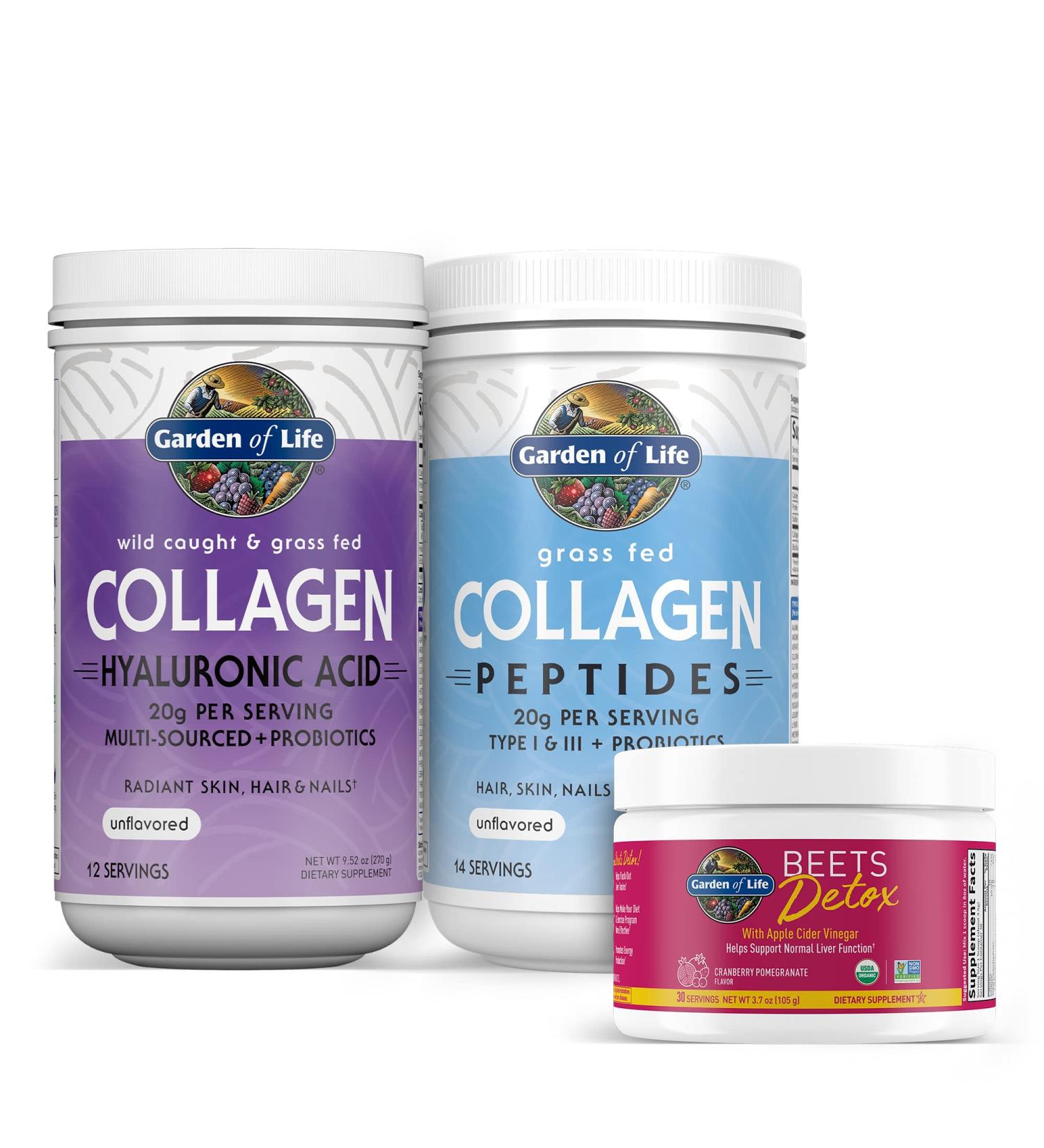Garden of Life Collagen Beets Bundle: Multi-Sourced Collagen Hyaluronic Acid Unflavored, 12 Servings + Organic Beets Detox Cranberry Pomegranate, 30 Servings + Collagen Peptides Powder, 14 Servings - Buy Online on GoSupps.com