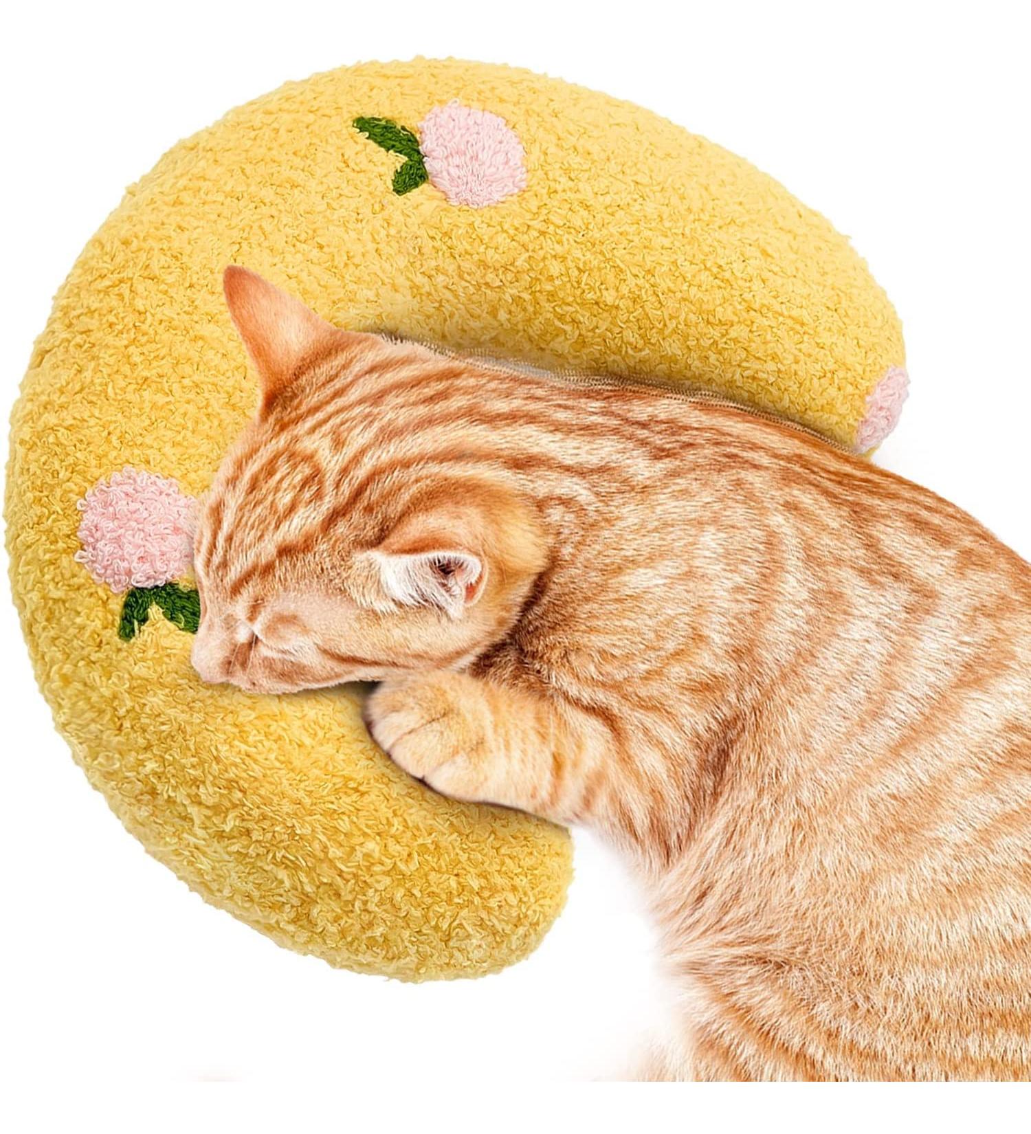 Jognee Pillow for Cats | Soft Fluffy Pet Calming Toy | Catnip Pillow Catnip Plush Toy | U-Shaped Pillow for Sleeping Resting Playing (Yellow) - Buy Online on GoSupps.com