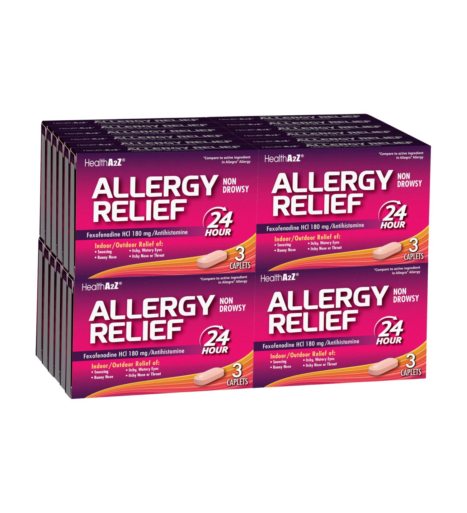 HealthA2Z Fexofenadine Hydrochloride 180mg | Antihistamine for Allergy Relief | 24-Hour Allergy Medicine | 3 Tablets Each in (Pack of 24) | 72 Caplets Total | Value Pack - Buy Online on GoSupps.com