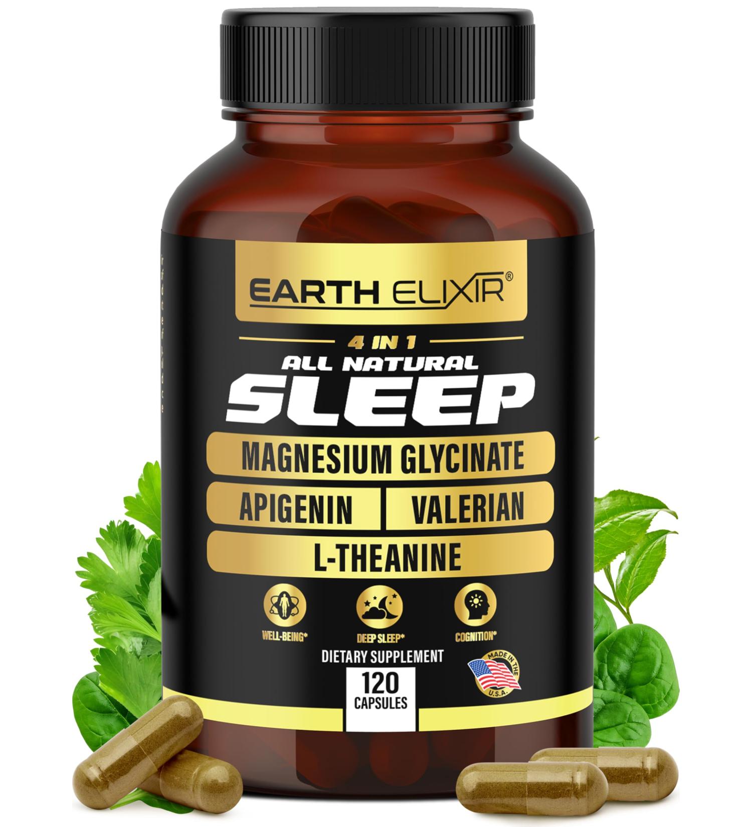 Earth Elixir 4-in-1 Sleep Aid (120 Caps) w/Apigenin 50mg Magnesium Glycinate 200mg L Theanine 200mg & Valerian Root for Sleep Aid 300mg | Apigenin Supplement for Sleep | Sleeping Pills - Buy Online on GoSupps.com