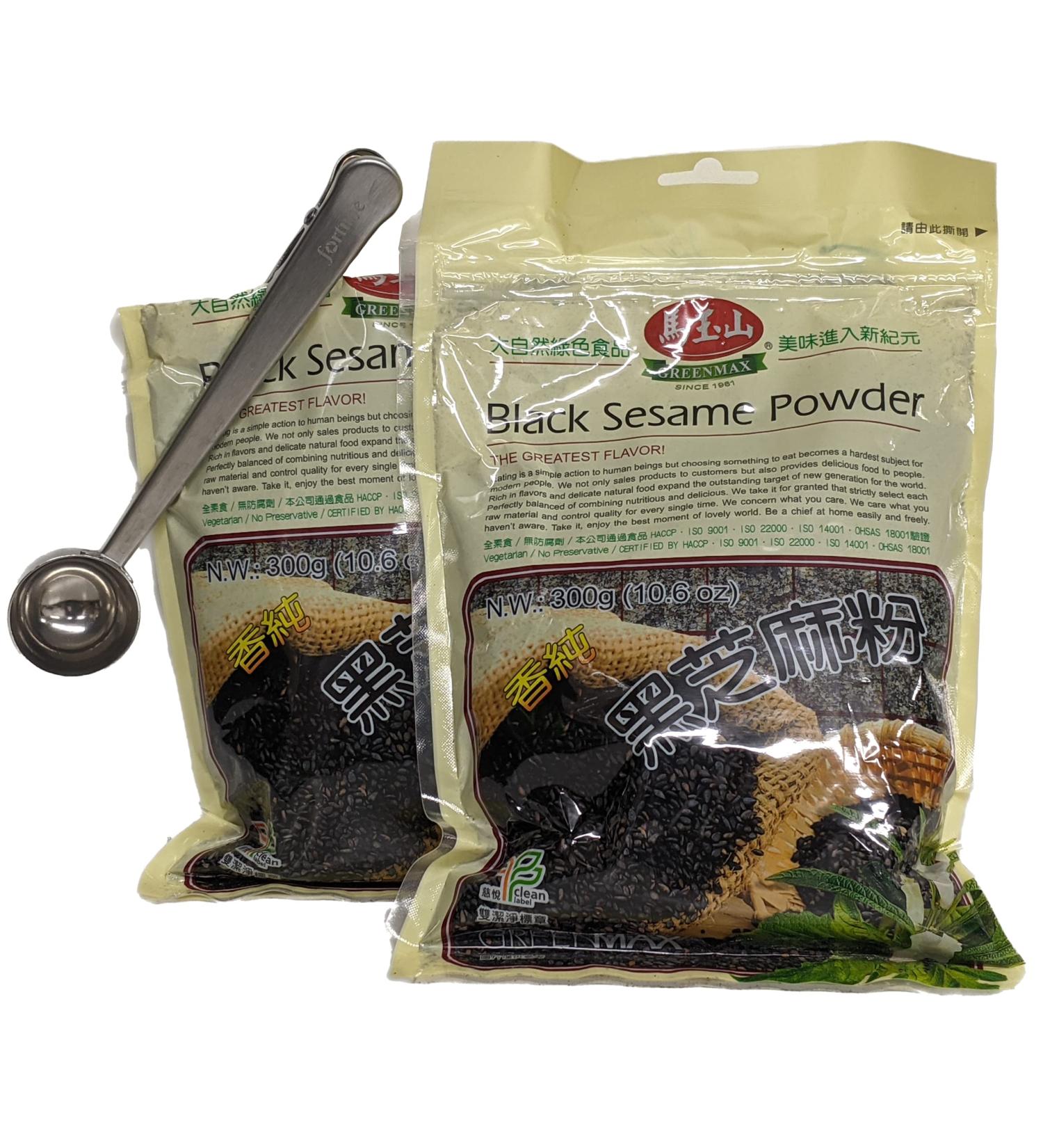 Greenmax Black Sesame Powder 10.6 oz (Pack of 2) Roasted Fine Grind Pure Sesame Seeds with TwinFortune Stainless Steel Scooper and Bag Clip Tool - Buy Online on GoSupps.com
