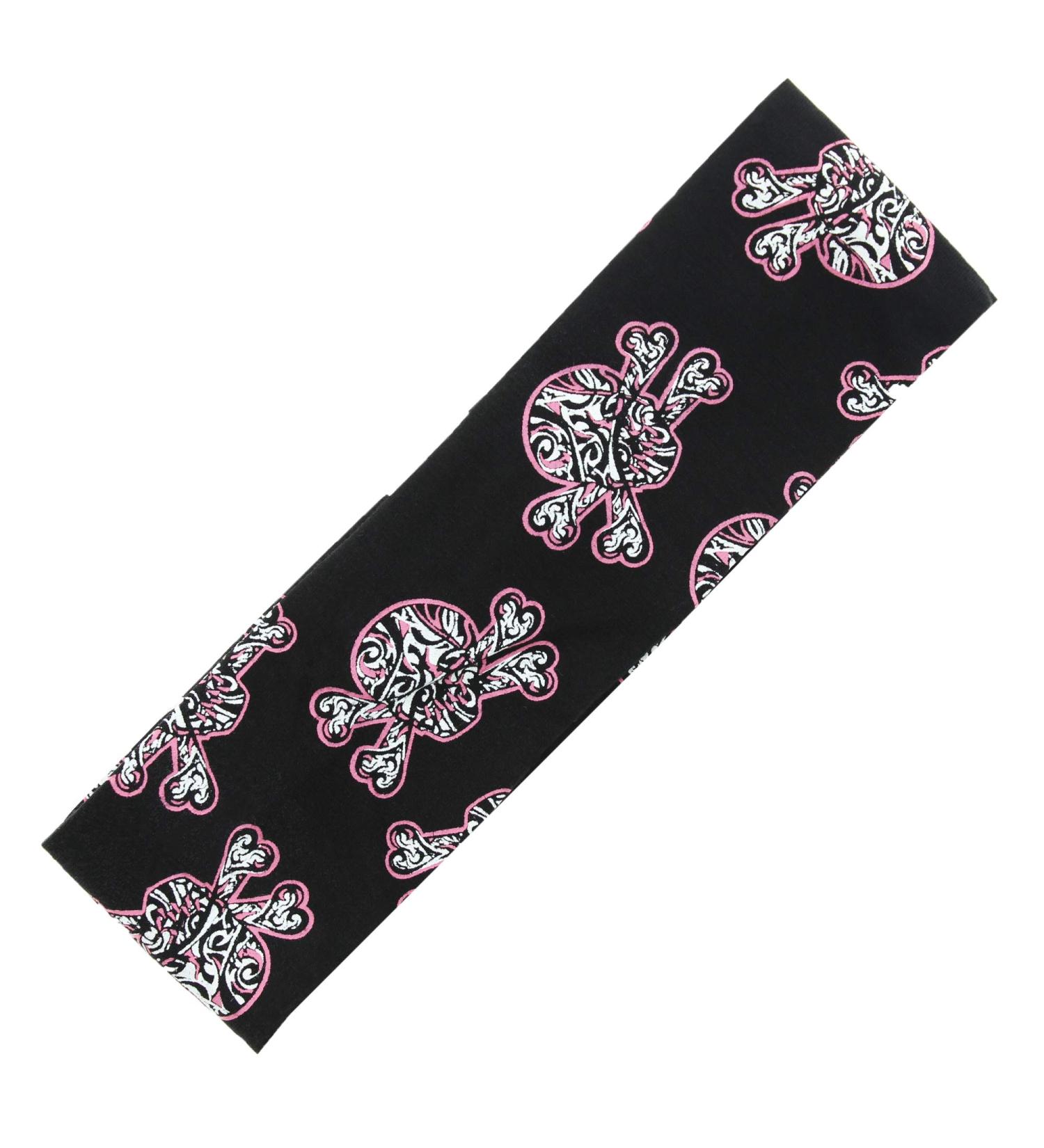 Zac's Alter Ego Black & Pink Skull & Crossbones Print Elasticated Lycra Fabric Kylie Headband