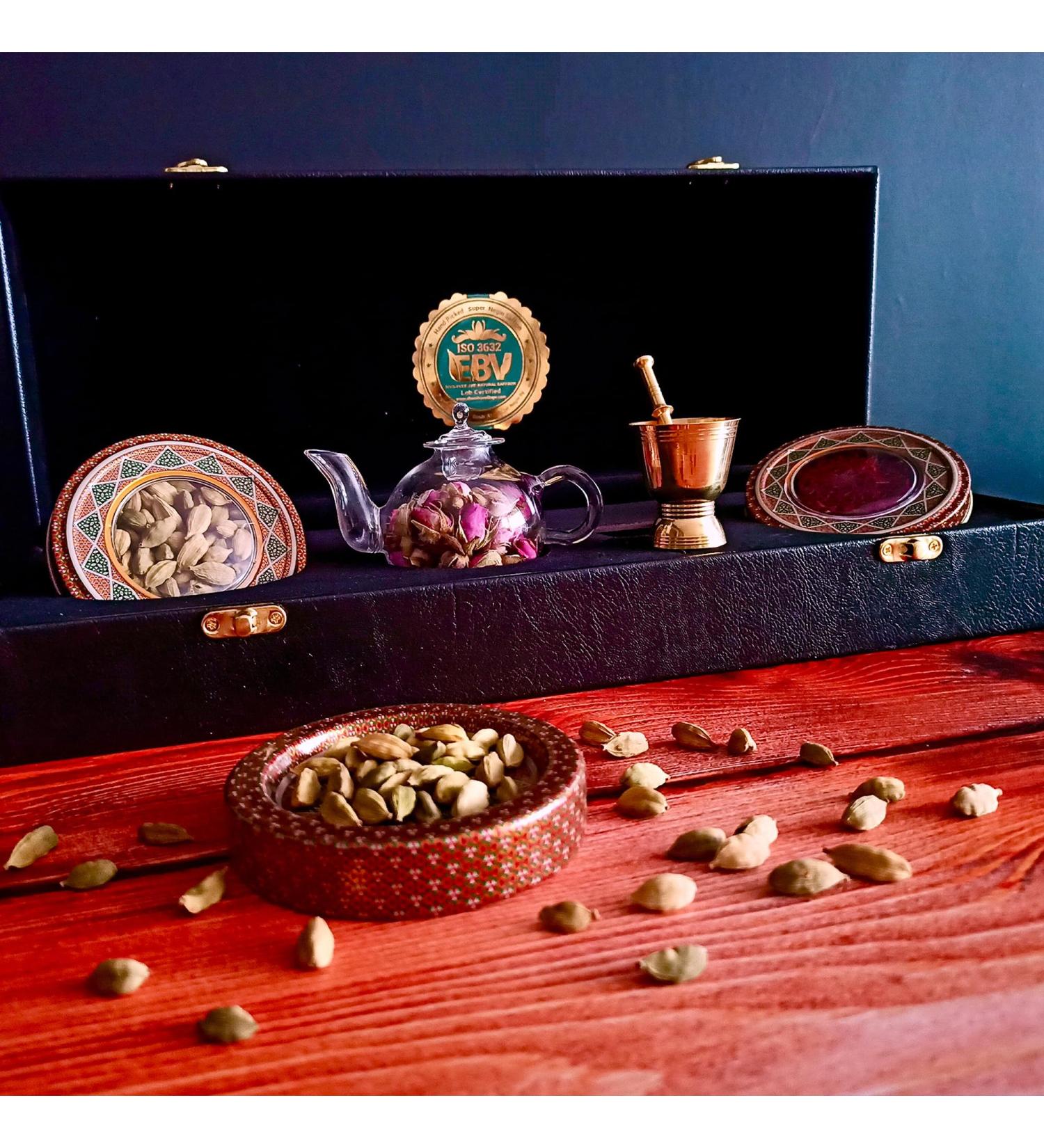 Luxurious Saffron Gift Box for Chefs: 5 Gr Grade A+ Organic Super Negin Coupe Saffron Threads Green Cardamom Rose Bud Tea Dried Saffron Teapot Small Brass Mortar and Pestle (Black Leather Box) - Buy Online on GoSupps.com