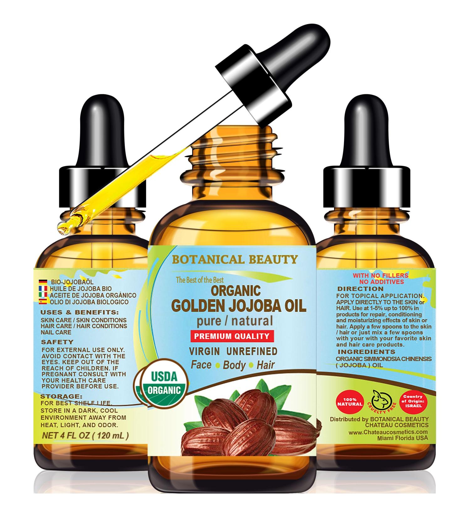 Botanical Beauty Organic JOJOBA OIL 100% Pure Natural VIRGIN UNREFINED Cold-Pressed Carrier Oil 4 Fl oz 120 ml for Face Skin Body Hair Lip Nails. Rich in Vitamin E Omega 6 Omega 9 - Buy Online on GoSupps.com
