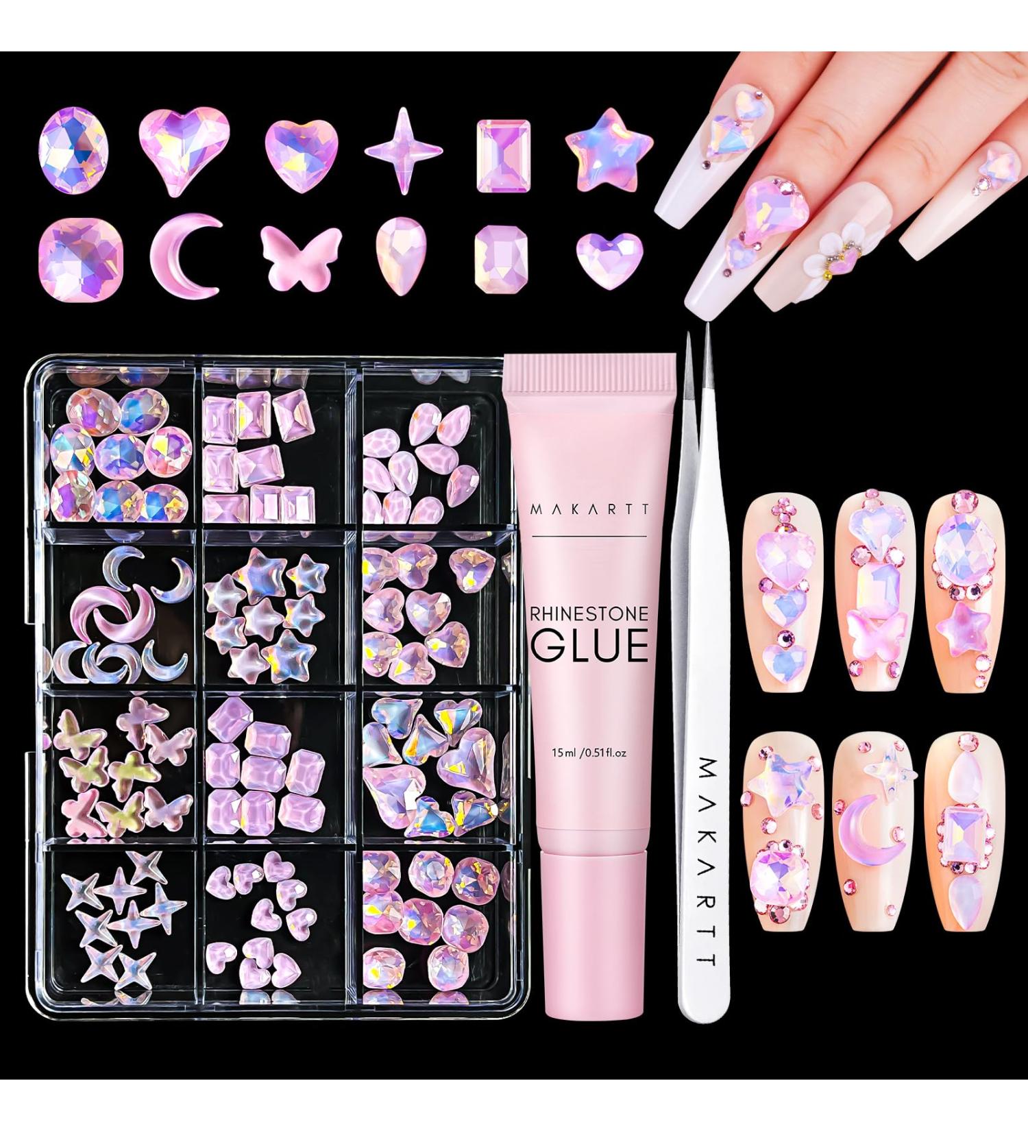Makartt Pink Diamond Nail Design Glue Set - Rhinestones Flat Back Gems Tweezers & Storage Box for DIY Nail Art - Buy Online on GoSupps.com