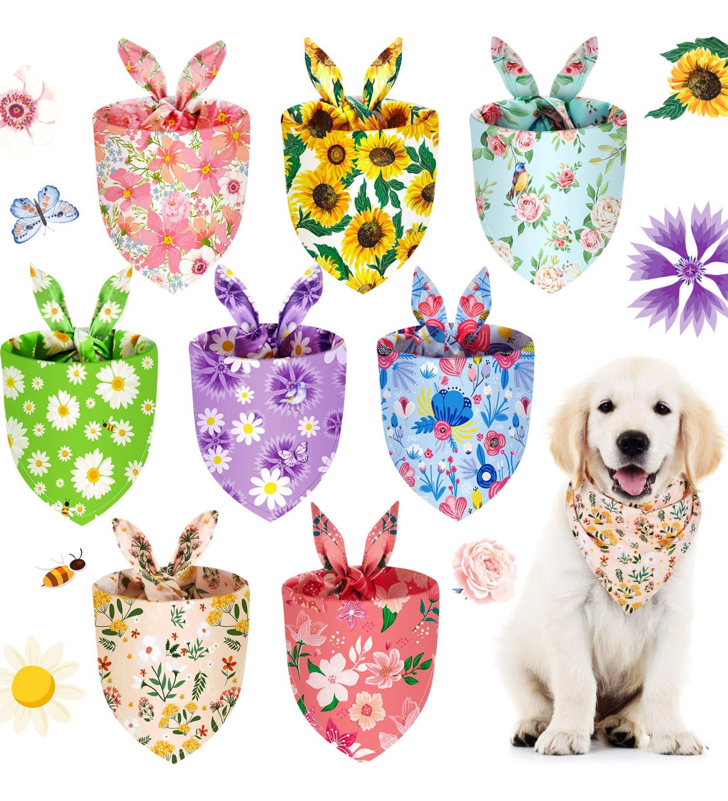 Floral Dog Bandana Set - 8 Pieces | Summer Spring Flower Pet Scarf | Adjustable Triangle Bib for Dogs and Cats | Cute Daisy Rose Pattern - Buy Online on GoSupps.com