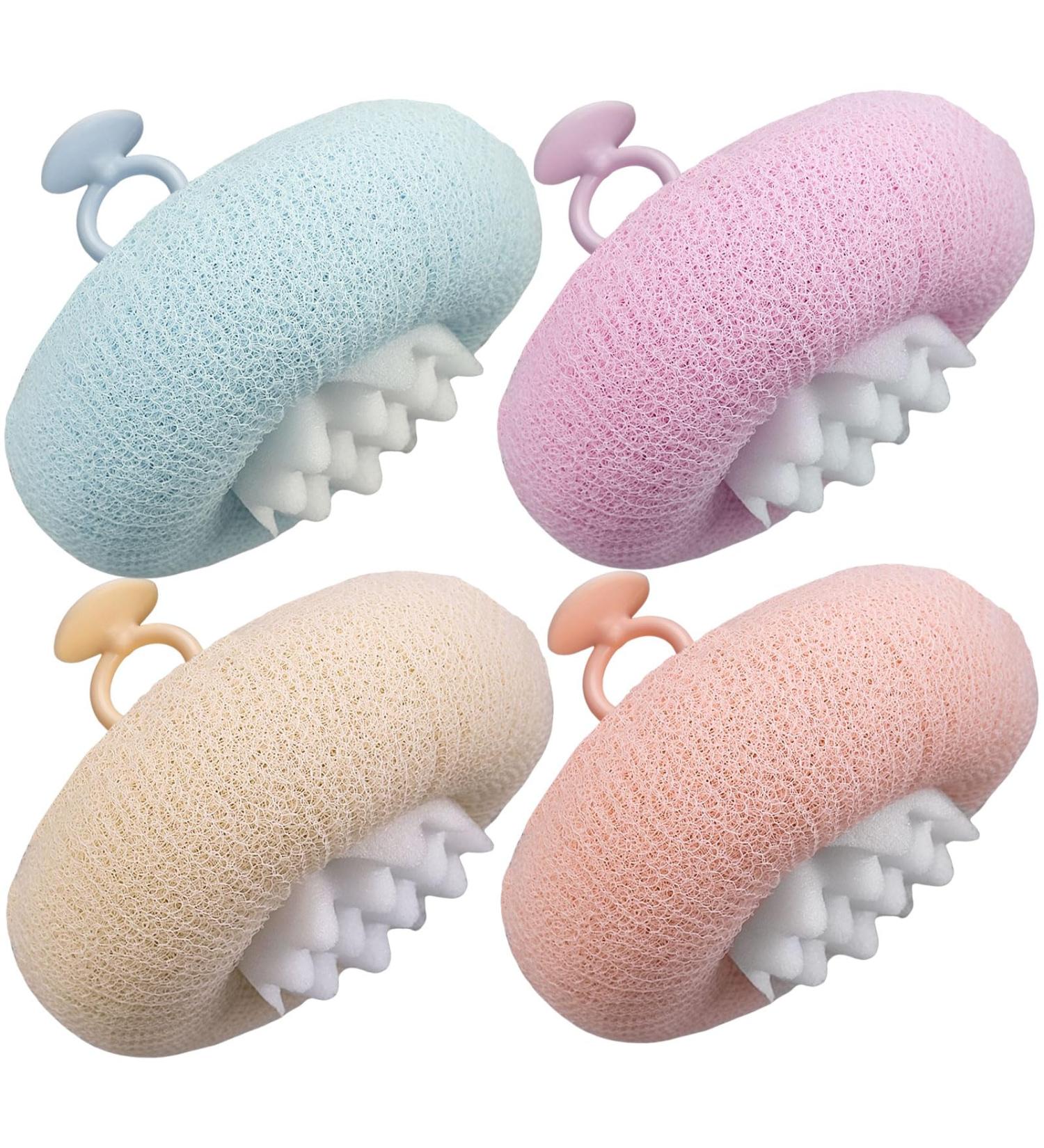 4Pcs Upgraded 2-in-1 Sunflower Bath Balls | Ultra Soft Exfoliating Sponge with Suction Cups | Pink Blue-Green Beige Purple - Buy Online on GoSupps.com