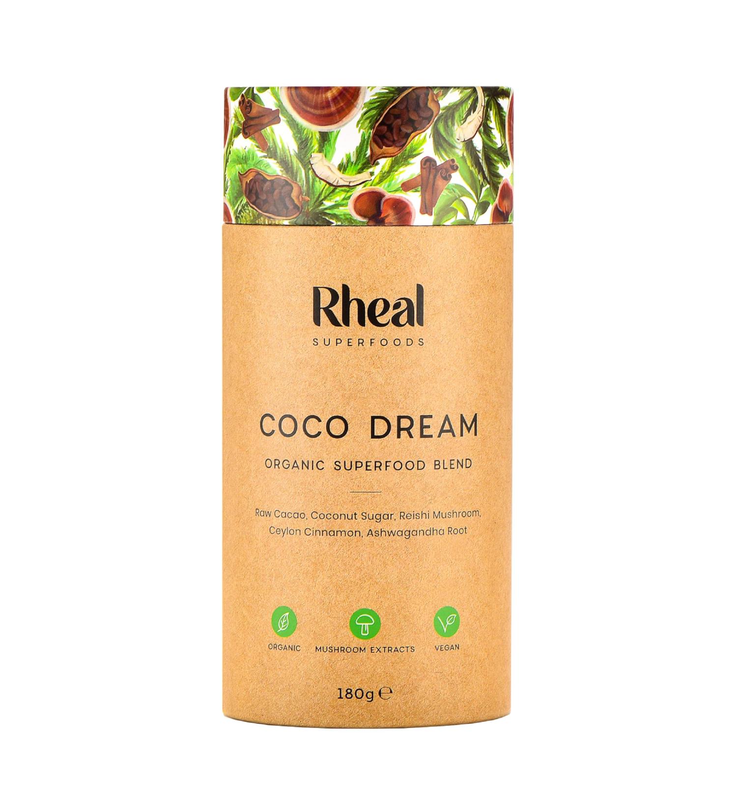 Rheal Coco Dream 180g | 30 Servings | Raw Peruvian Cacao & Reishi Mushroom | Formulated to Help You Relax and Unwind | 100% Organic & Gluten Free | Plant Based | B Corp Certified - Buy Online on GoSupps.com