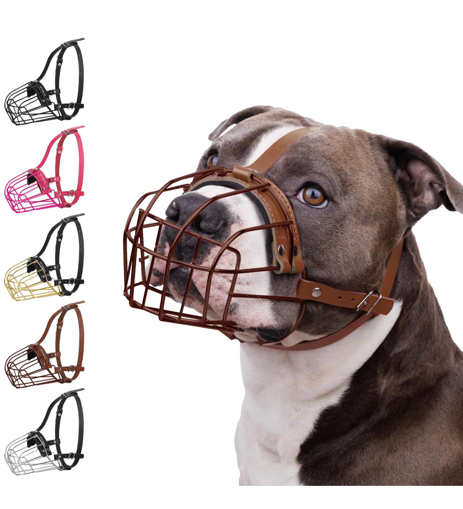 BRONZEDOG Pitbull Dog Muzzle - Adjustable Metal Wire Basket for Large Dogs Amstaff & Pit Bull with Leather Straps Brown - Buy Online on GoSupps.com