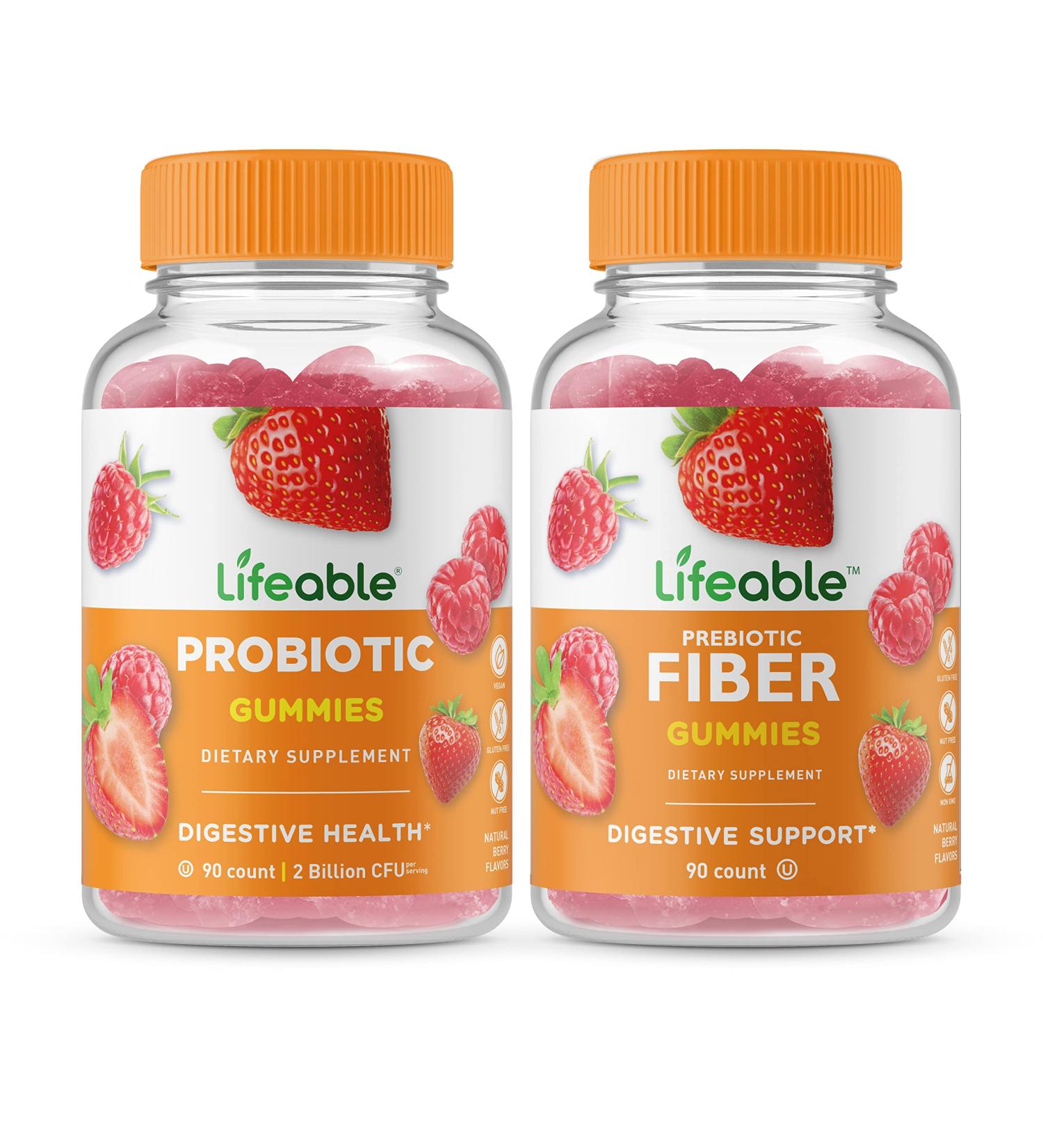 Lifeable Probiotic 2 Billion CFU + Prebiotic Fiber 5g Gummies Bundle - Great Tasting Vitamin Supplement Gluten Free GMO Free Chewable Gummy - Buy Online on GoSupps.com