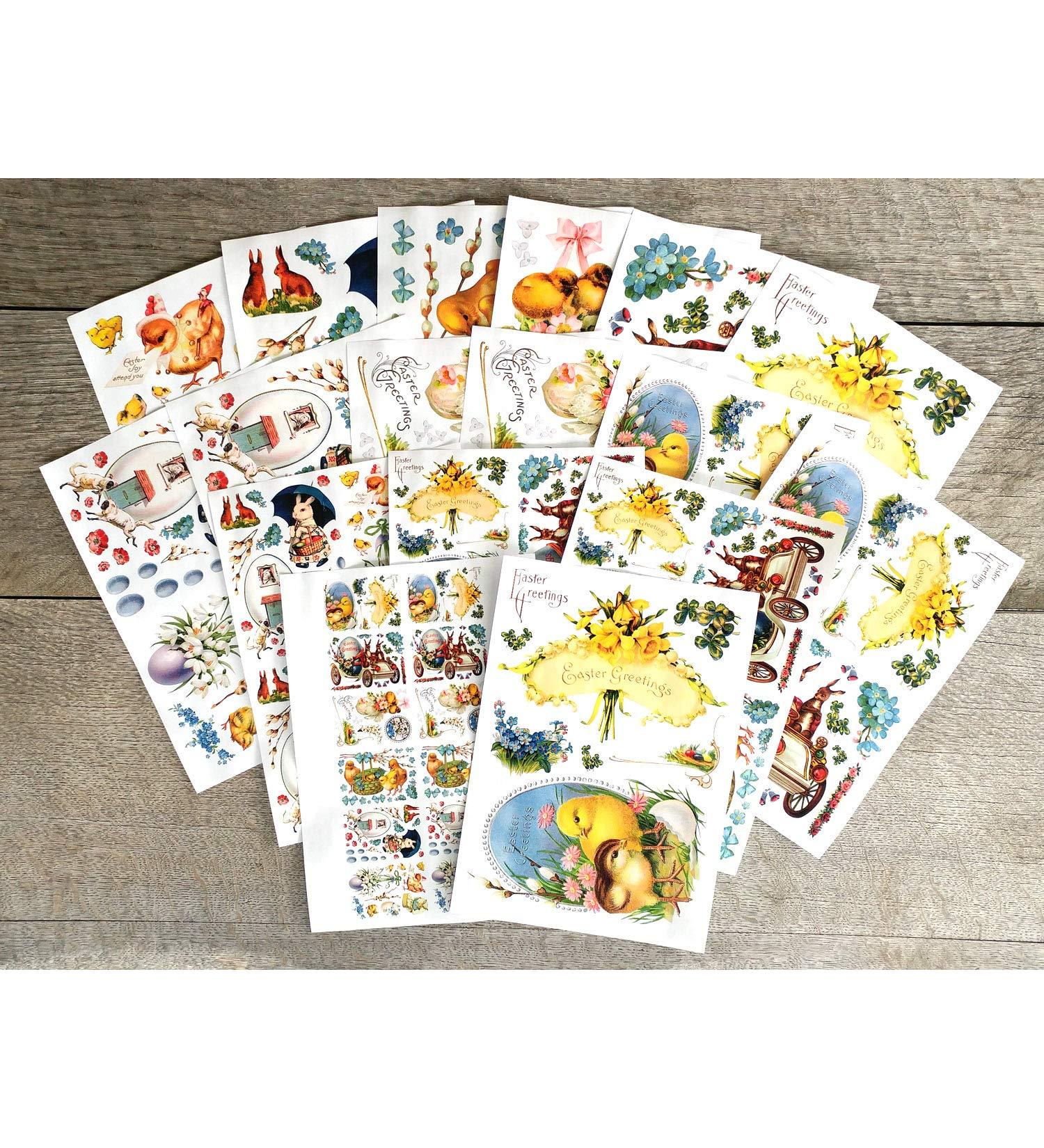 Decoupage Paper Pack 18 Sheets 8"x11" Easter Bunny and Chicks * Paper for Decoupage and Craft Vintage Greeting Cards Illustration Eight