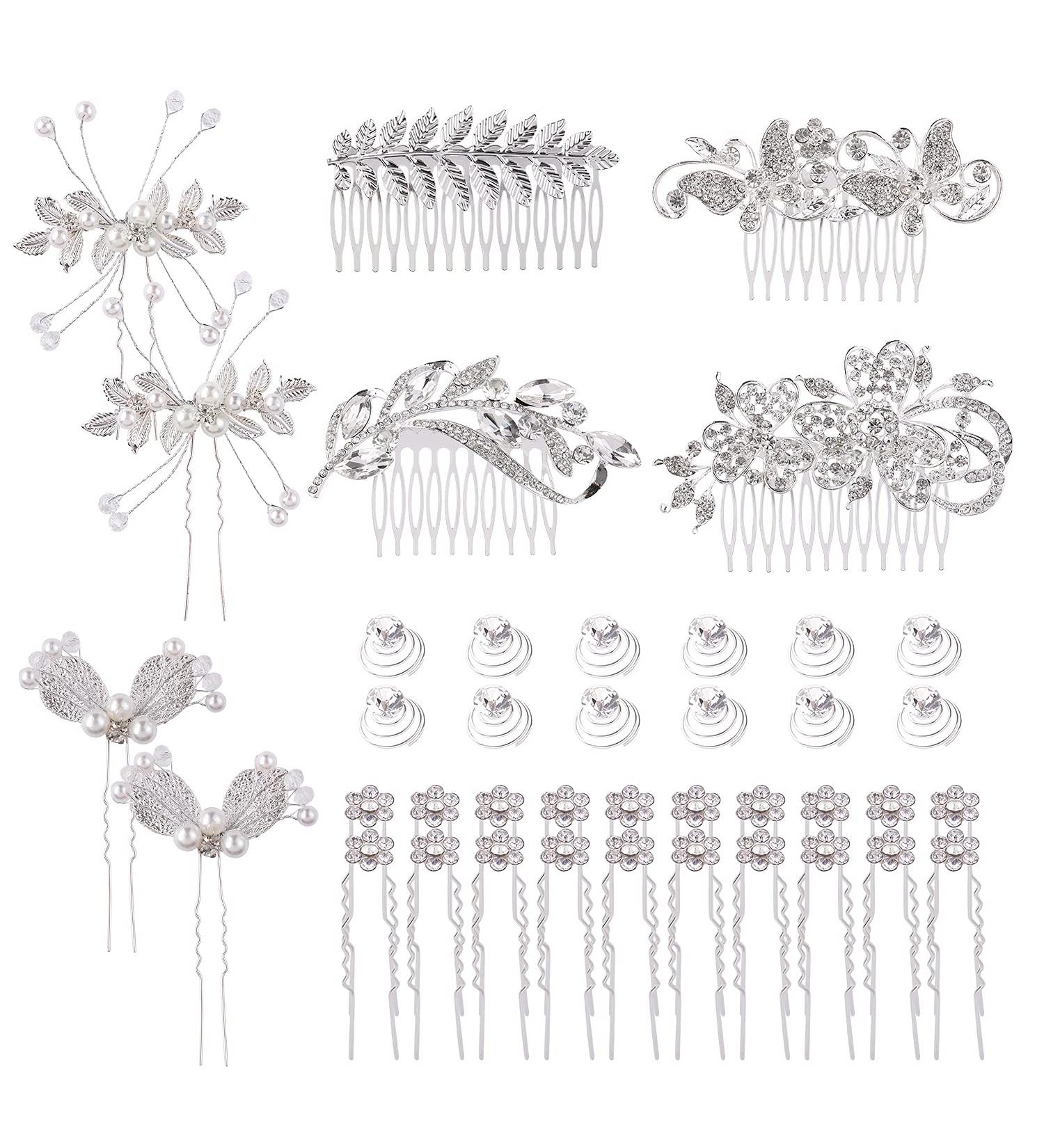 40 Pack Silver Rhinestone Hair Combs & Pins Set - Wedding Headpiece Accessories for Women & Brides - Buy Online on GoSupps.com