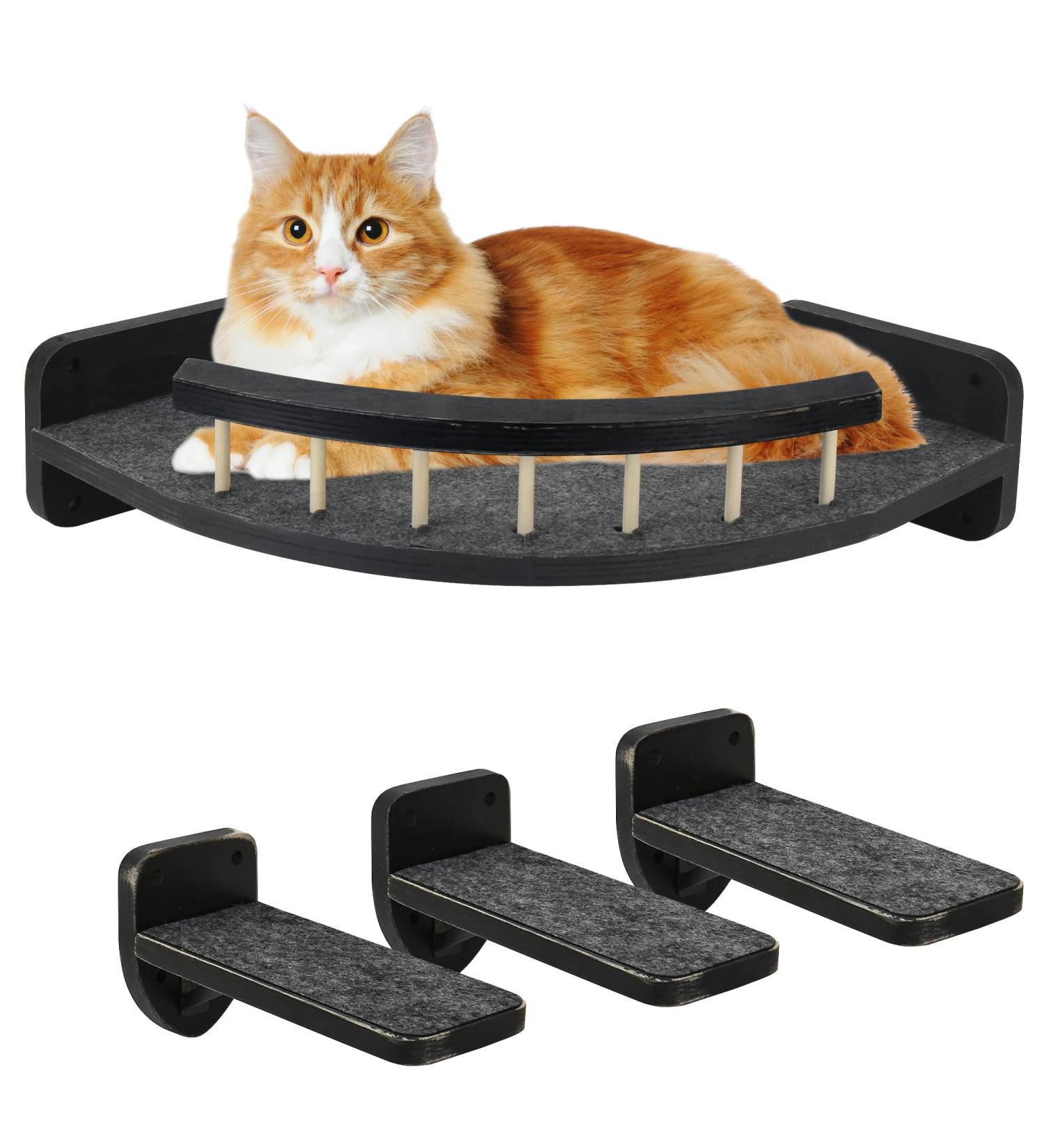 Cat Hammock with 3 Steps - Wall Mounted Cat Climbing Shelf & Scratching Post - Indoor Cat Shelves and Perches - Plush Covered - Black - Buy Online on GoSupps.com