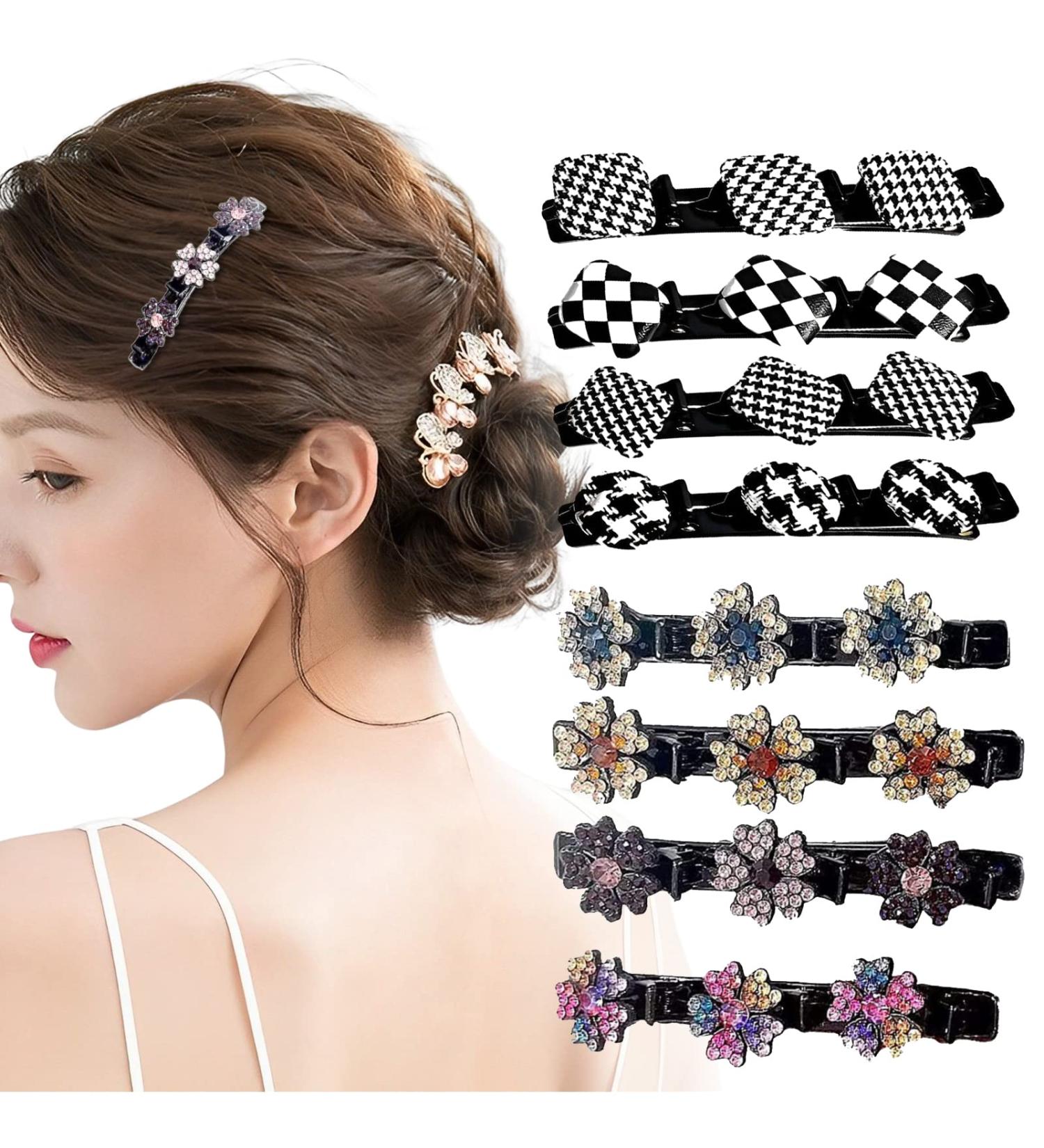 8PCS Sparkling Crystal Stone Braided Hair Clips for Women - Clover Rhinestone Hair Accents - Set of 3 Mini Clips for Ladies and Girls - Buy Online on GoSupps.com