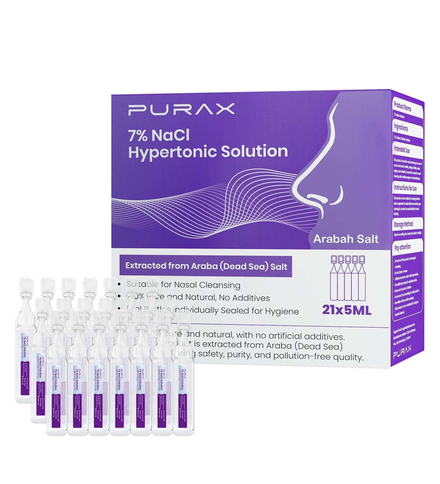 PURAX Saline Solution 7% Hypertonic Saline Solution for Nasal Care and Eyes Nasal Cleanse for Adults and All Ages- 21 Count (5ml Each) - Buy Online on GoSupps.com