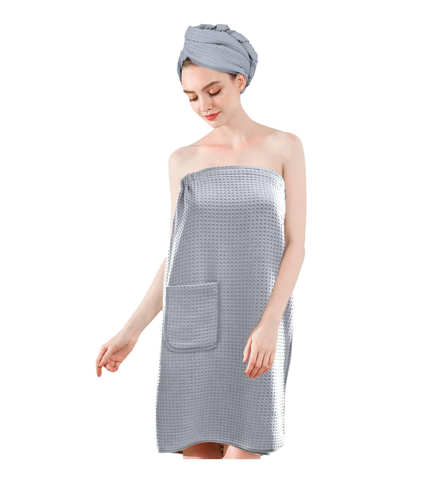ProHomTex Microfiber Waffle Weave Bath Wrap with Hair Turban - Absorbent & Quick Dry - Adjustable Design for Women (Grey) - Buy Online on GoSupps.com