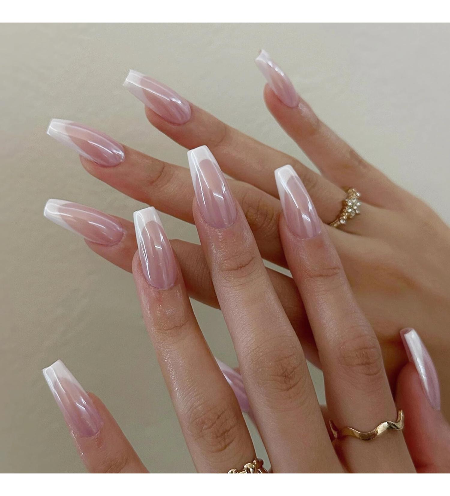 Glazed Press on Nails - Medium Length Coffin Chrome Glossy Pearlescent Pink with White French Tips | Reusable 24Pcs Fake Nails for Women & Girls - Buy Online on GoSupps.com