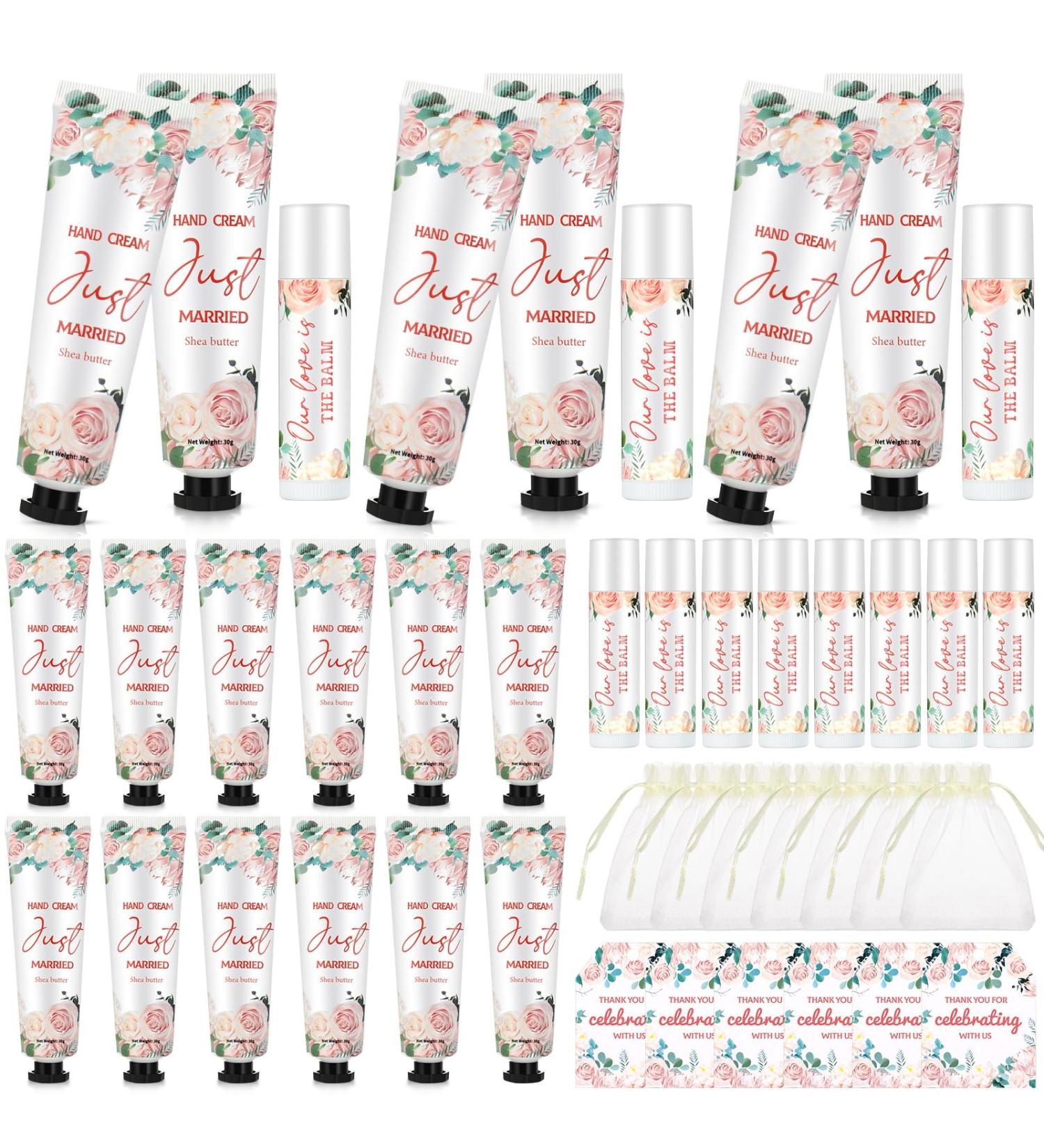 25 Set Wedding Lip Balms & Hand Cream Gift Set - Perfect Bridesmaid Gift for Bridal Shower with Thank You Cards & Bags - Floral Moisturizing Collection - Buy Online on GoSupps.com