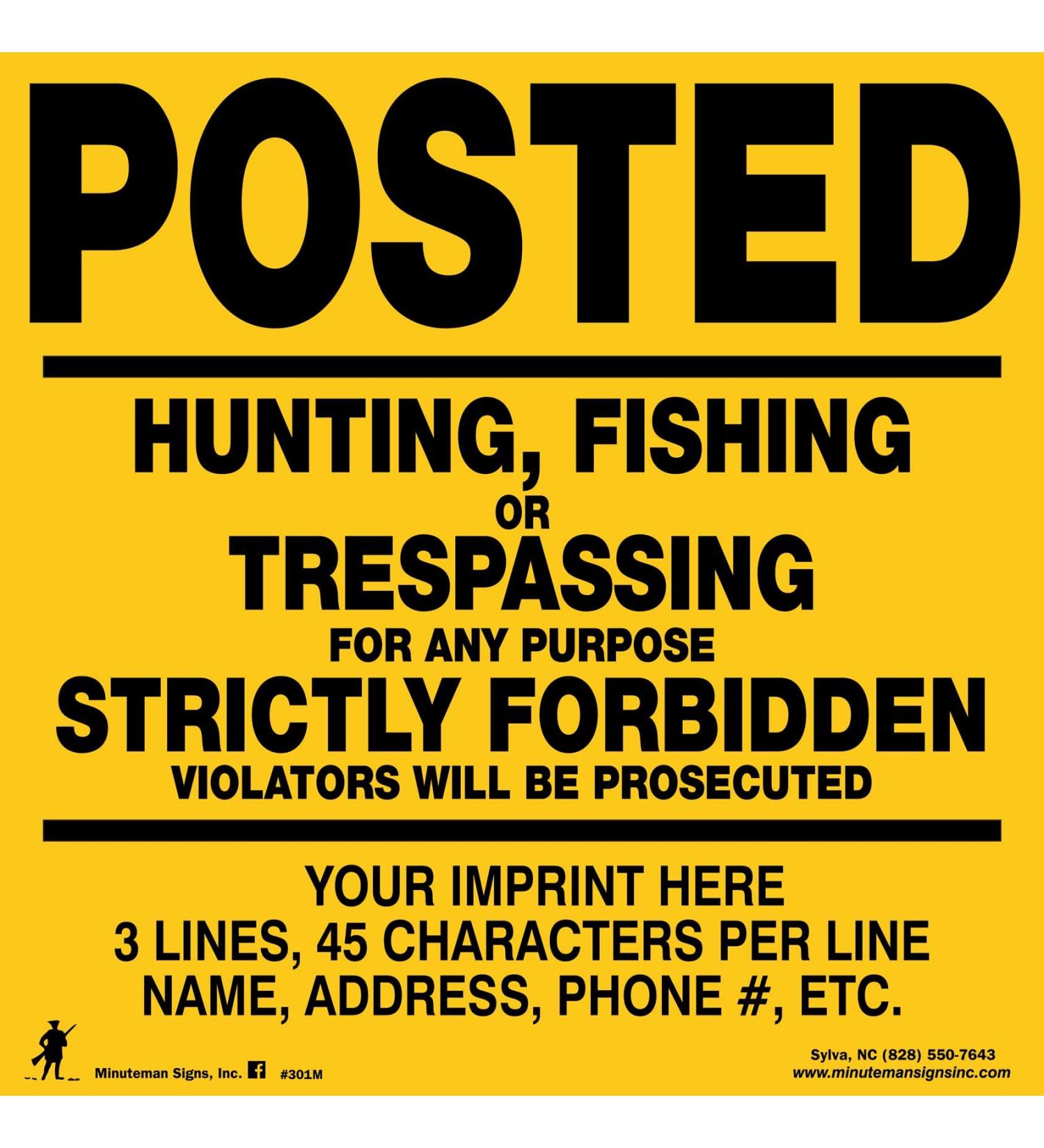Minuteman Signs | Custom  No Trespassing  No Hunting  No Fishing  Posted  Aluminum  25 Pack  Yellow - Buy Online on GoSupps.com