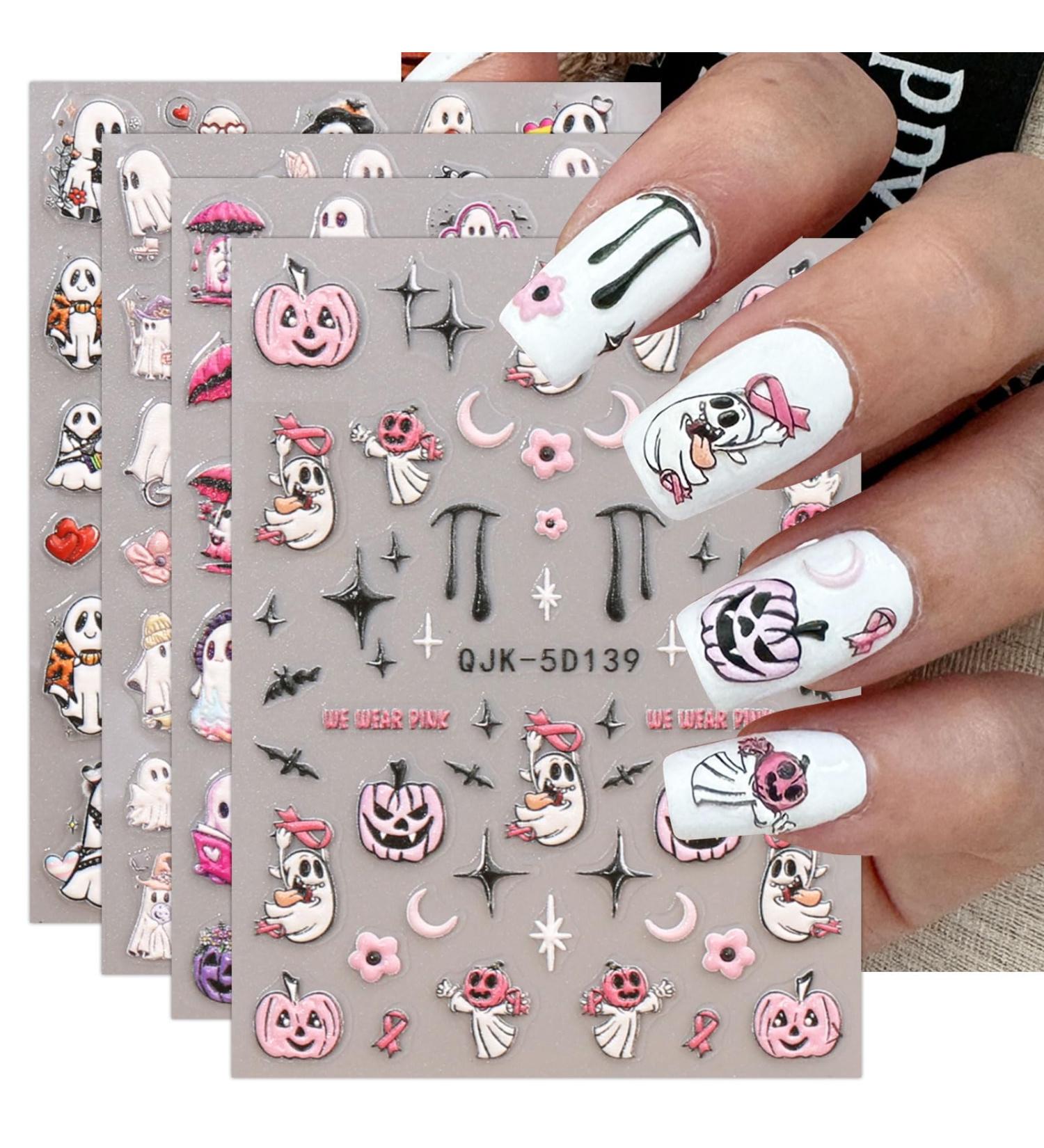 JMEOWIO 3D Embossed Halloween Nail Art Stickers Decals Self-Adhesive 5D Cute Pink Moon Ghost Pumpkin Nail Supplies Nail Art Design Decoration Accessories 4 Sheets - Buy Online on GoSupps.com