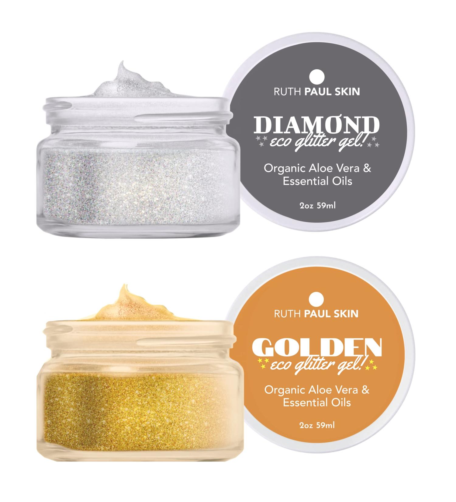 Gold & Diamond Face Body Glitter Gel: for Women & Girls | Bio Glitter Body Shimmer | Fine Glitter in Aloe Vera Gel with Essential Oil | Body Makeup by Ruth Paul Skin 2oz