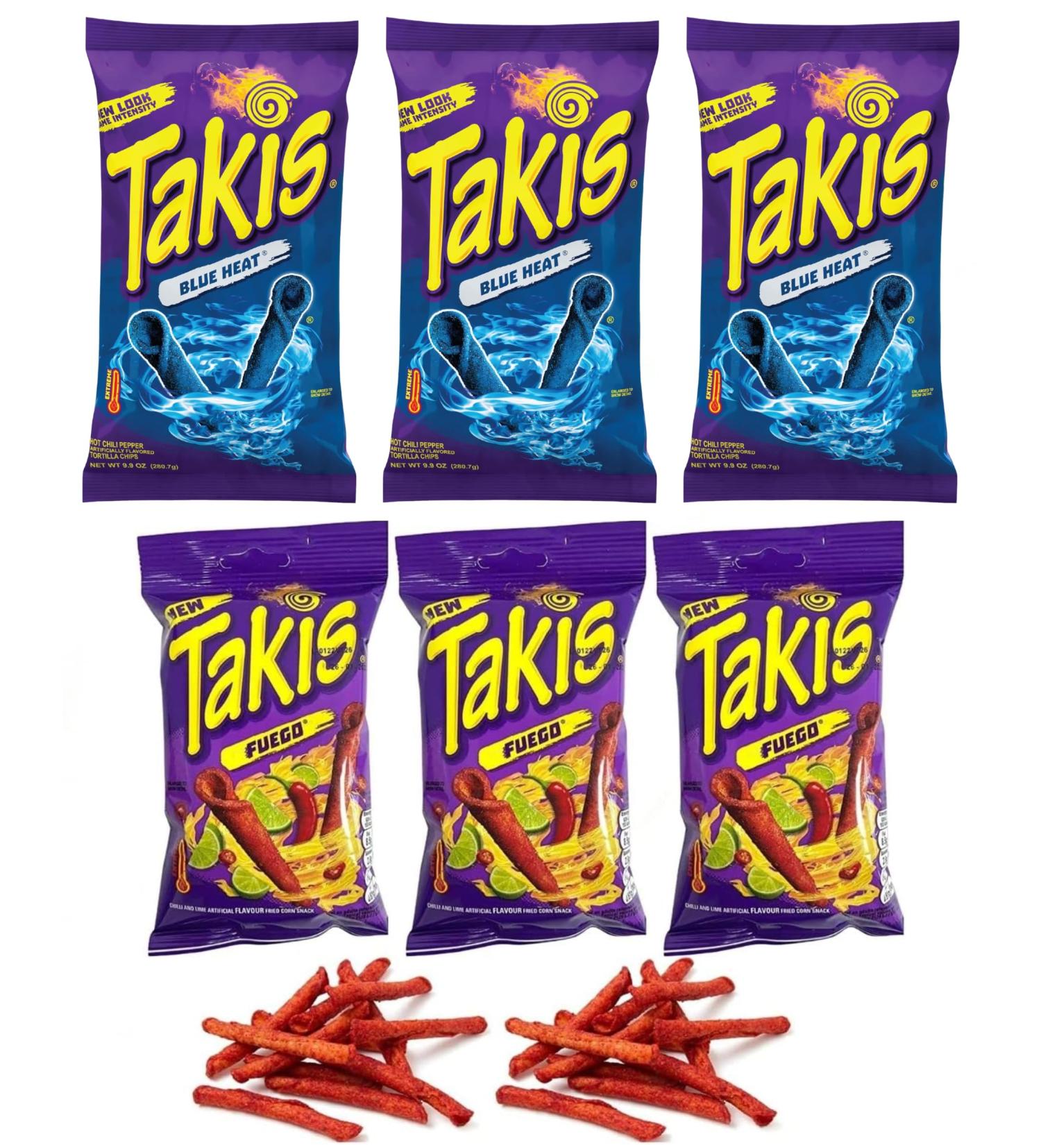 Takis Mix Party Pack includes - 3 x 55g Fuego Flavour + 3 x 56.7g Blue Heat - Buy Online on GoSupps.com